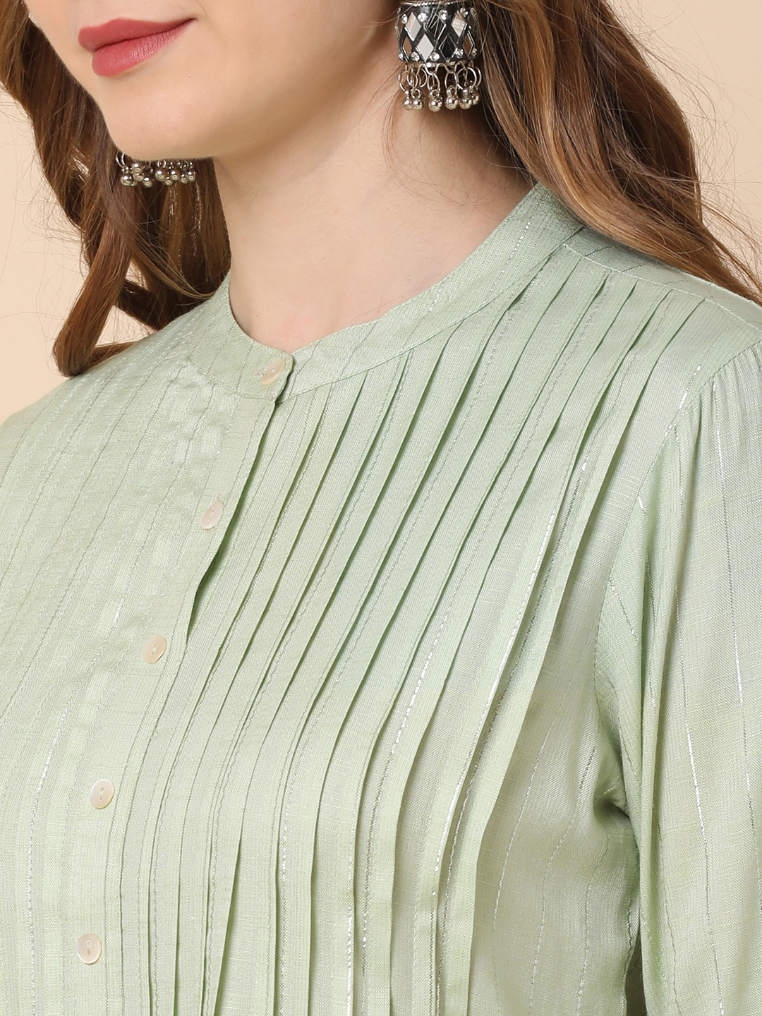 Globus Women Green Embroidered Sleeve Pleated A-Line Kurta