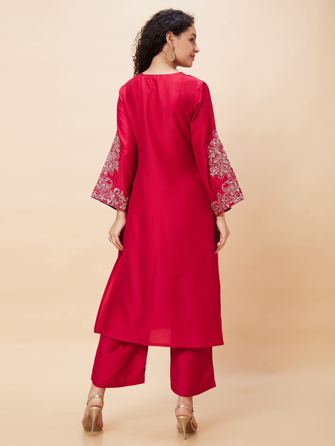 Globus Women Red Embroidered Bell Sleeve Straight Kurta & Wide Leg Trouser Set