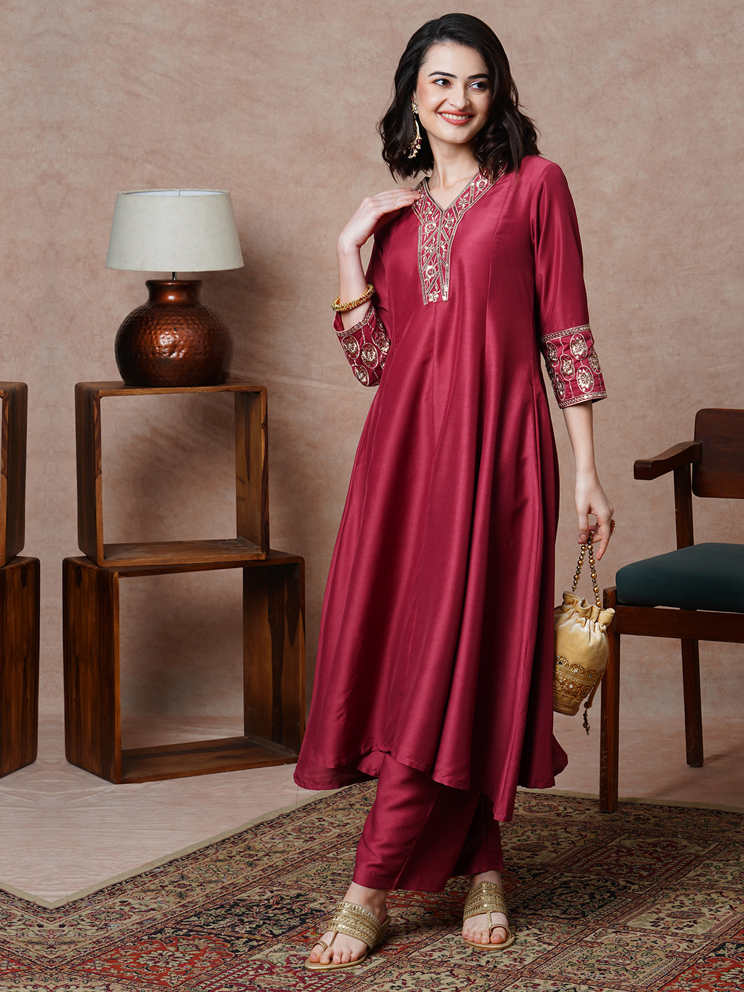 Globus Women Astro Dust Embroidered & Sequinned A-Line Kurta With Straight Pants