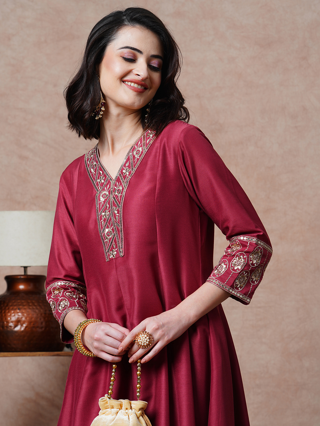 Globus Women Astro Dust Embroidered & Sequinned A-Line Kurta With Straight Pants