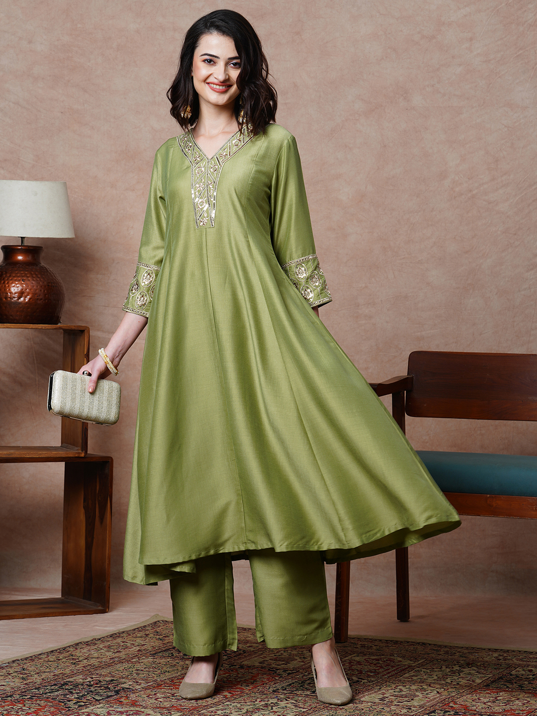 Globus Women Olive Embroidered & Sequinned A-Line Kurta With Straight Pants