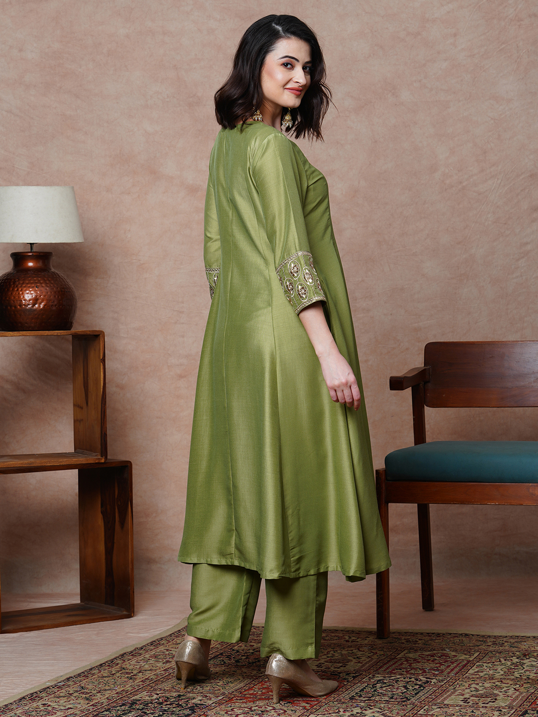 Globus Women Olive Embroidered & Sequinned A-Line Kurta With Straight Pants