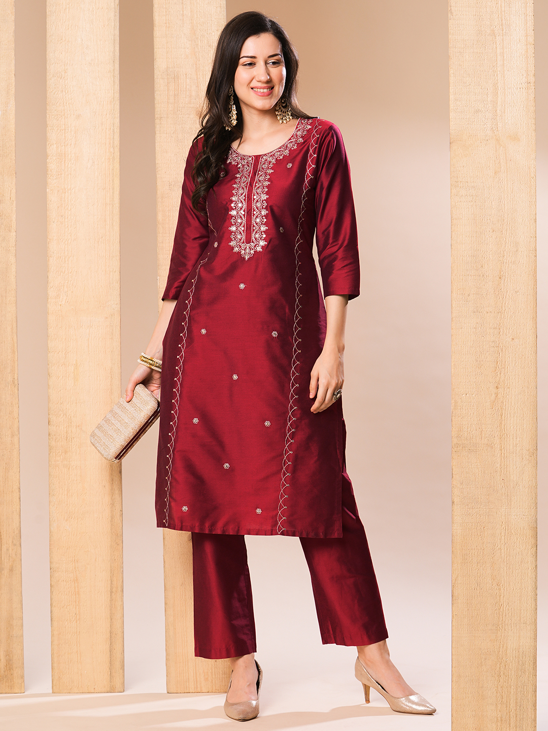 Globus Women Red Allover Embroidered Straight Kurta With Pants