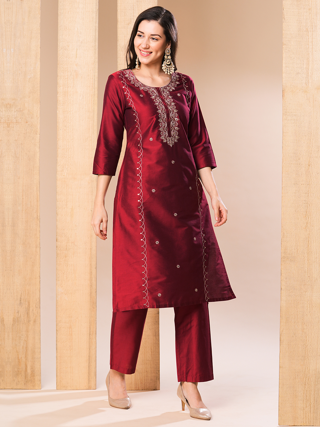 Globus Women Red Allover Embroidered Straight Kurta With Pants
