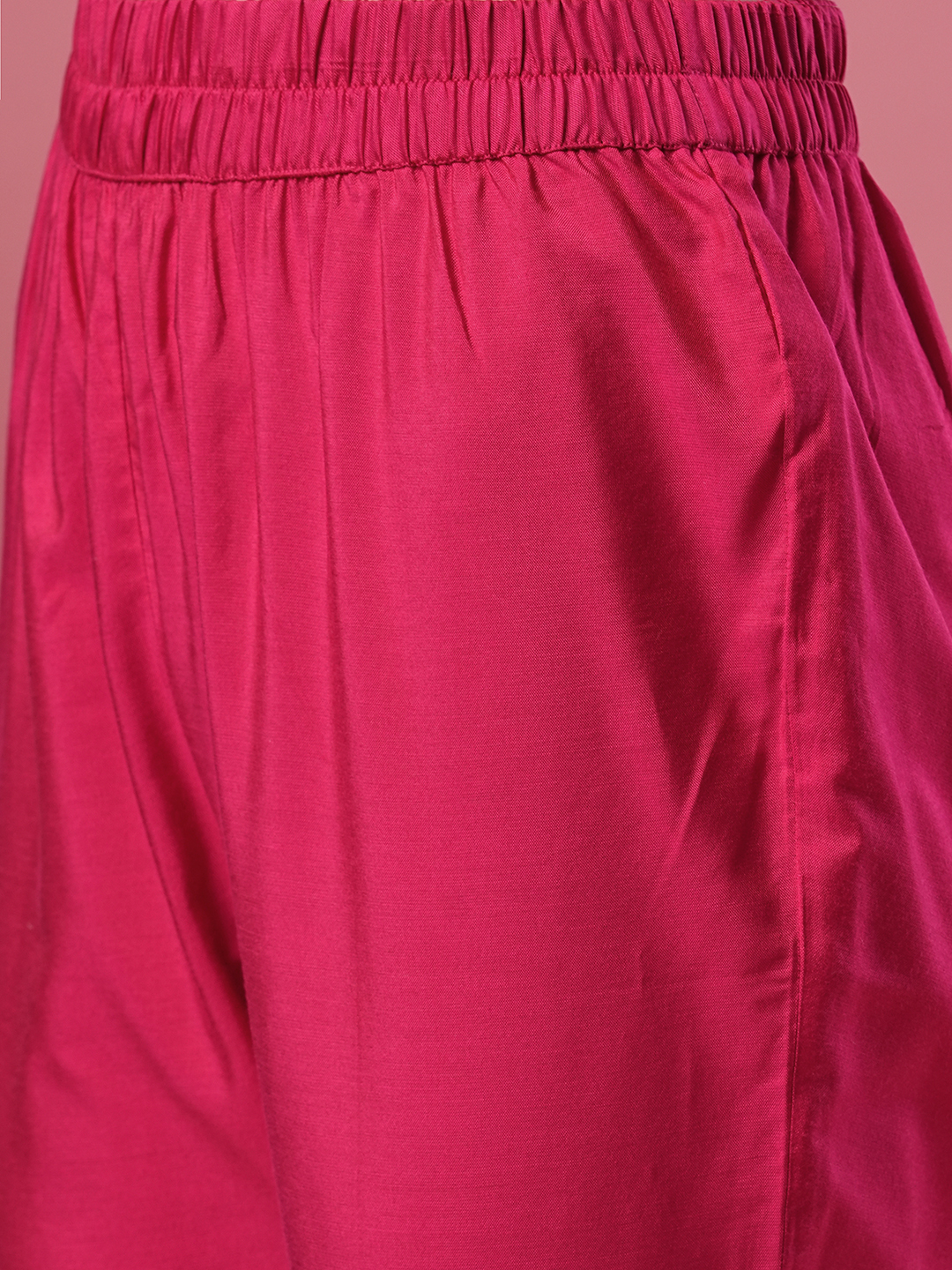 Globus Women Pink Embroidered Yoke Keyhole Neck Calf Length Pleated A-Line Kurta With Narrow Pant