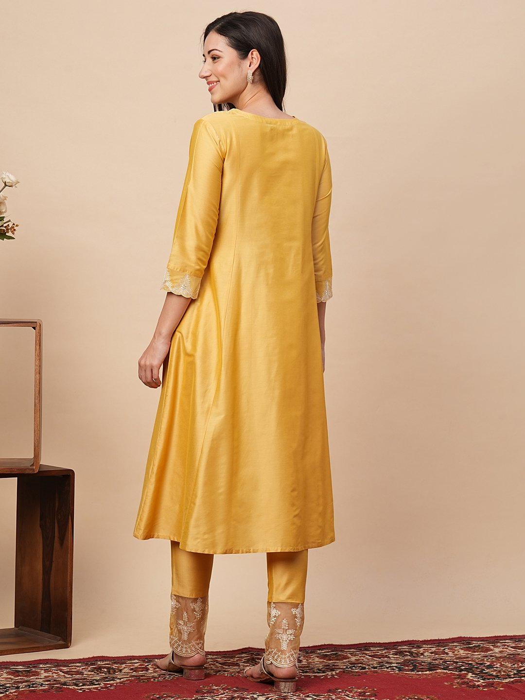 Globus Women Yellow Embroidered A-Line Kurta With Pants