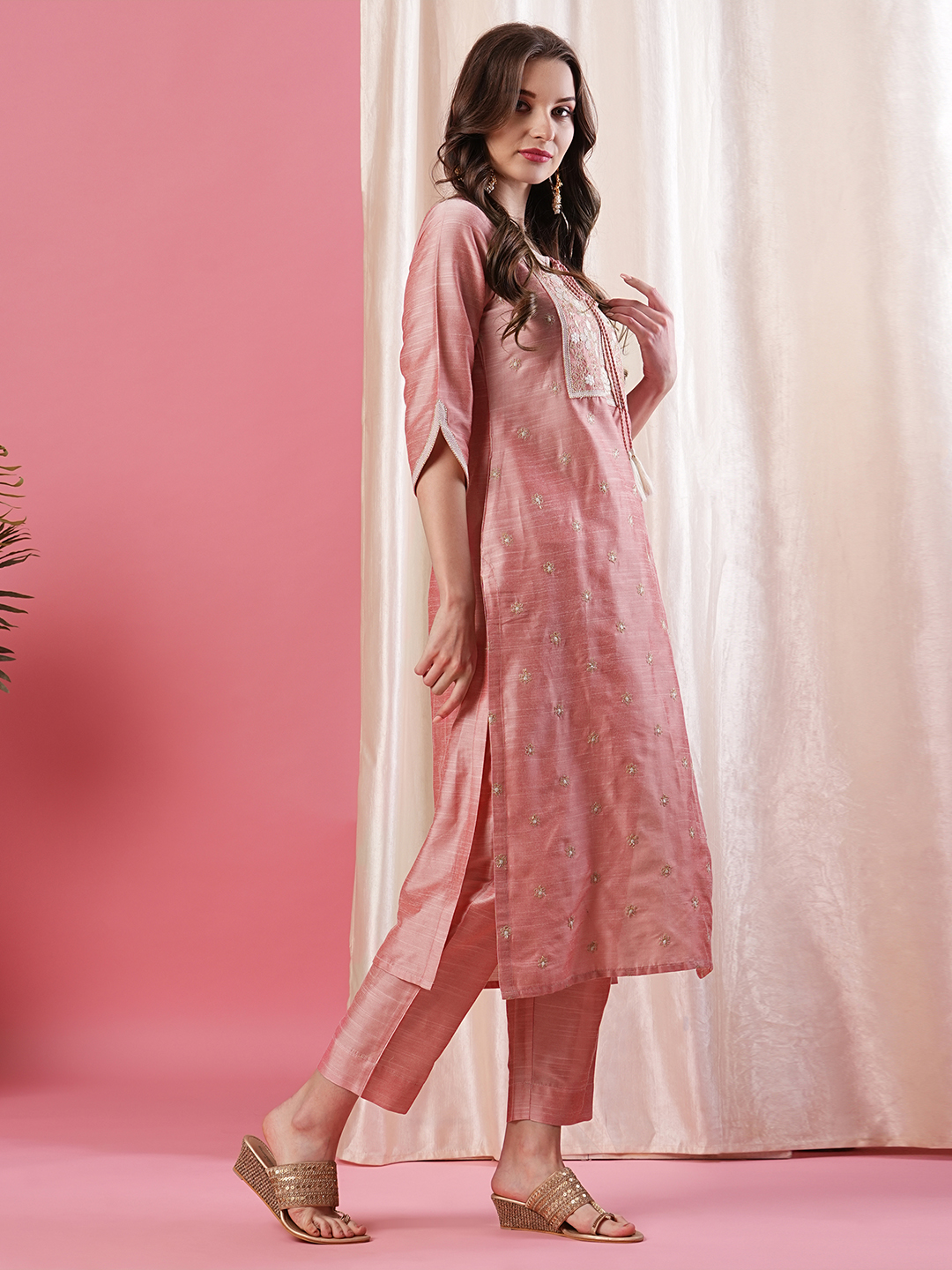 Globus Women Dusty Pink Allover Embroidered Calf Length Straight Kurta With Pant