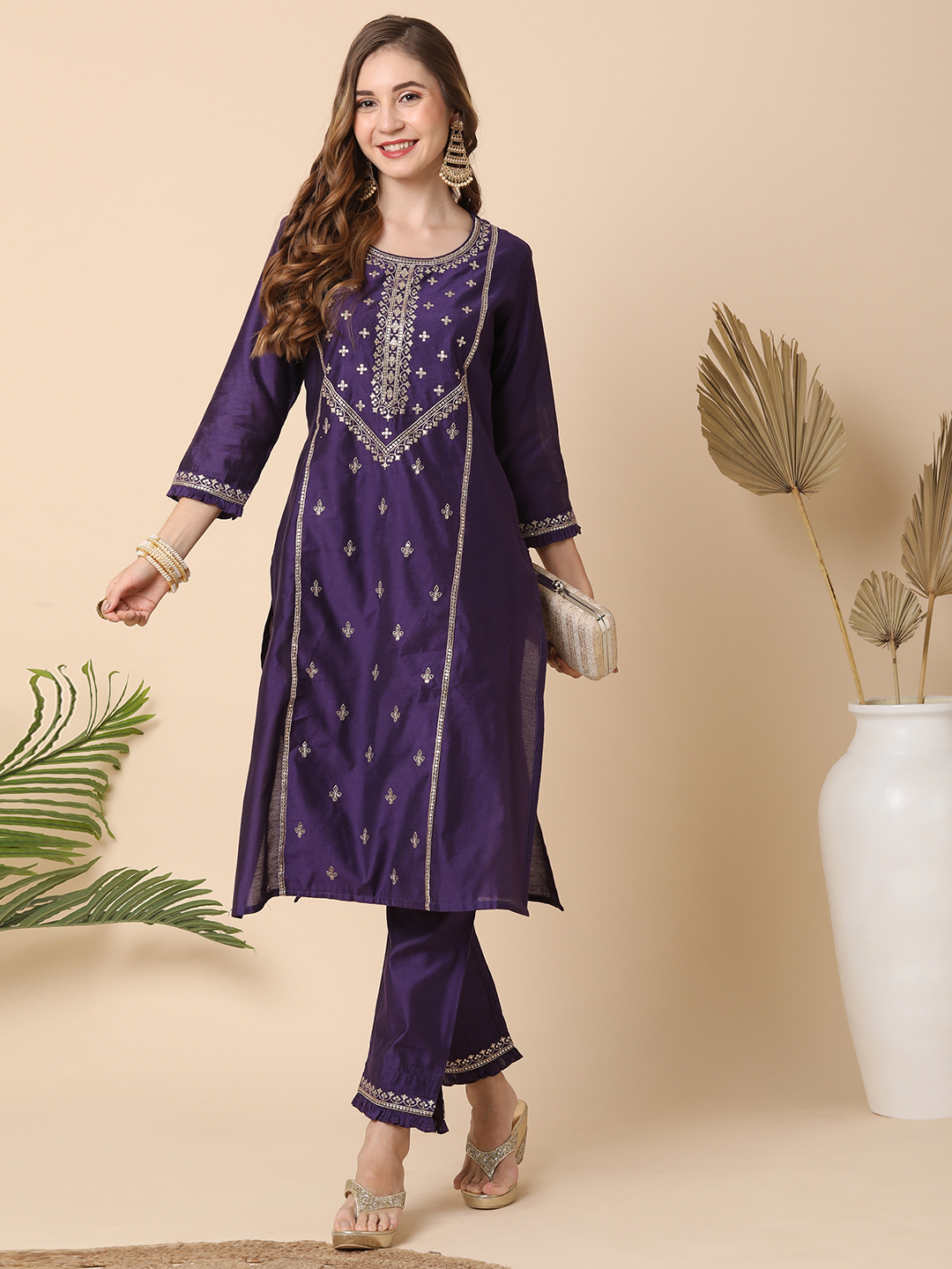 Globus Women Purple Allover Embroidered Panelled A-Line Kurta With Narrow Pants