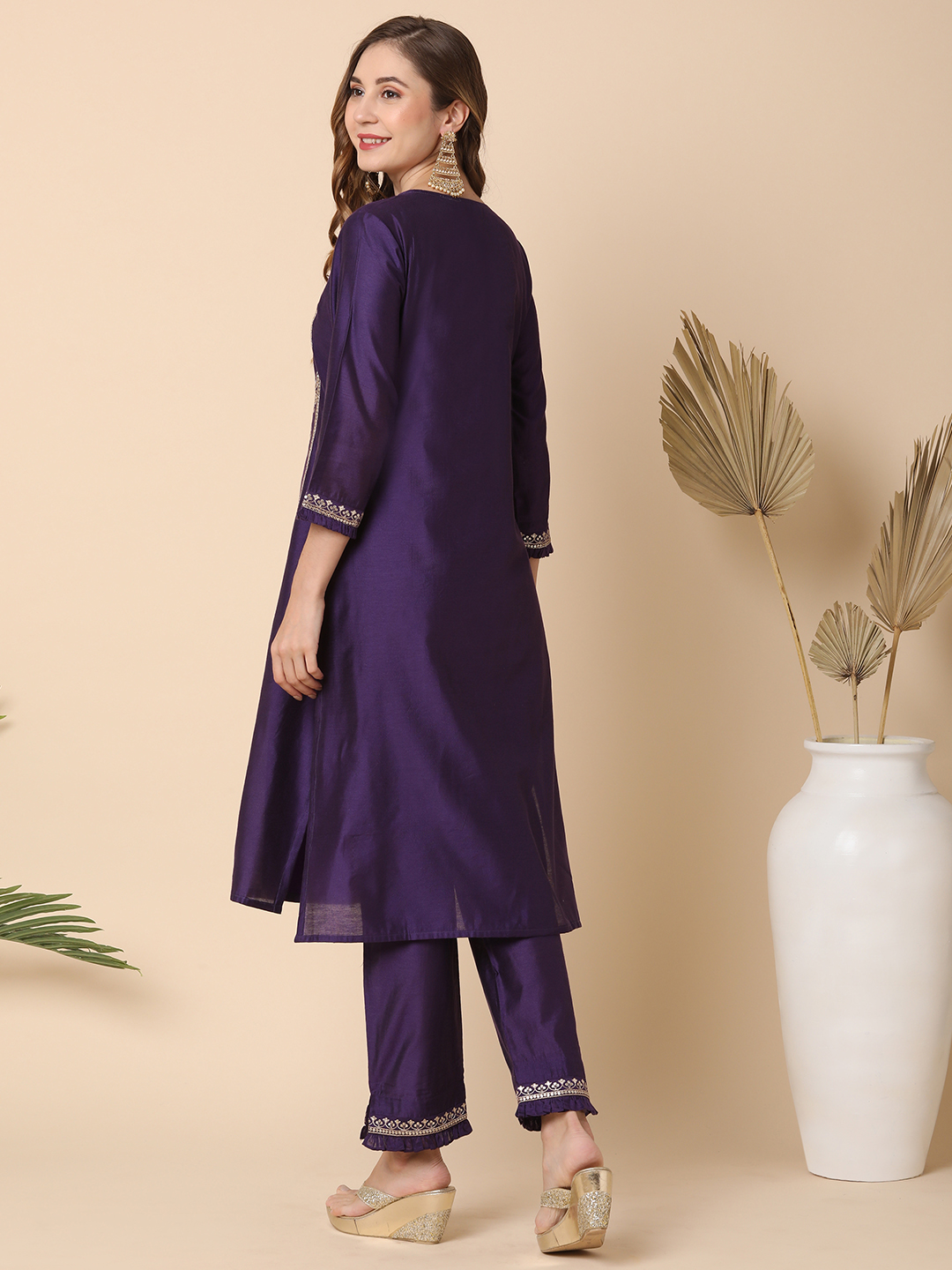 Globus Women Purple Allover Embroidered Panelled A-Line Kurta With Narrow Pants