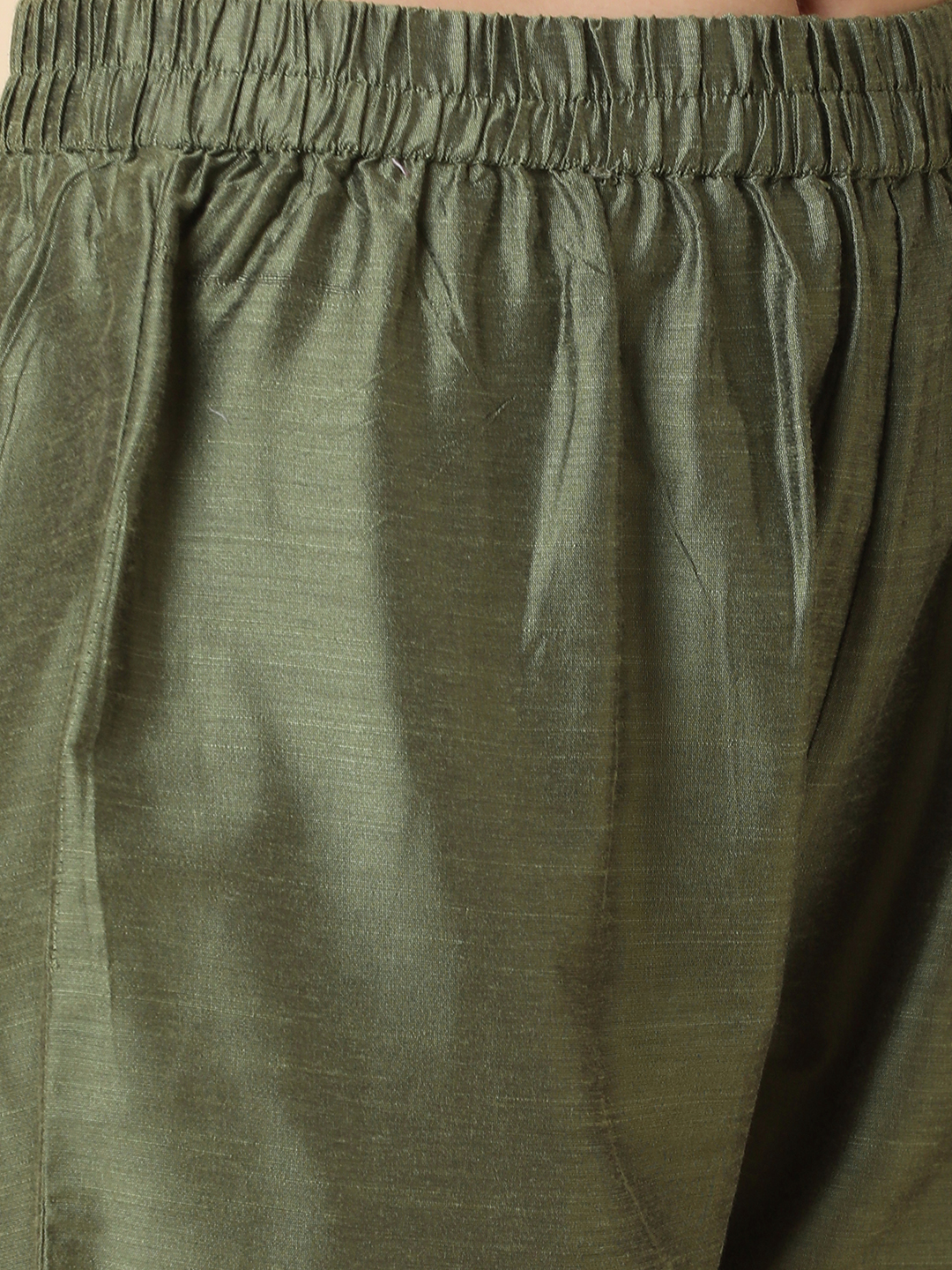 Globus Women Olive Embroidered Yoke Panelled Kurta With Narrow Pants