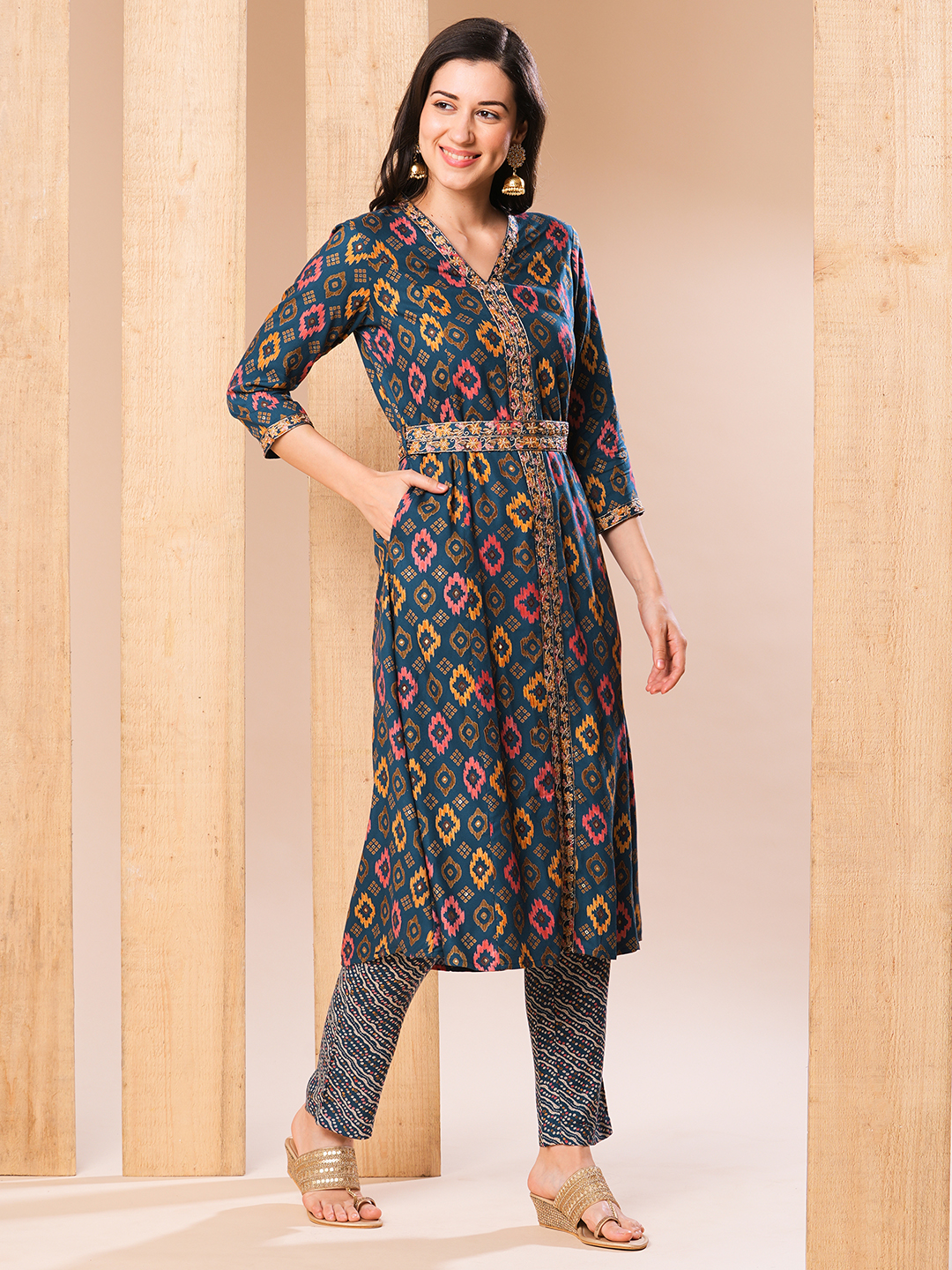 Globus Women Blue Embroidered Placket Allover Printed A-Line Kurta With Pants & Belt