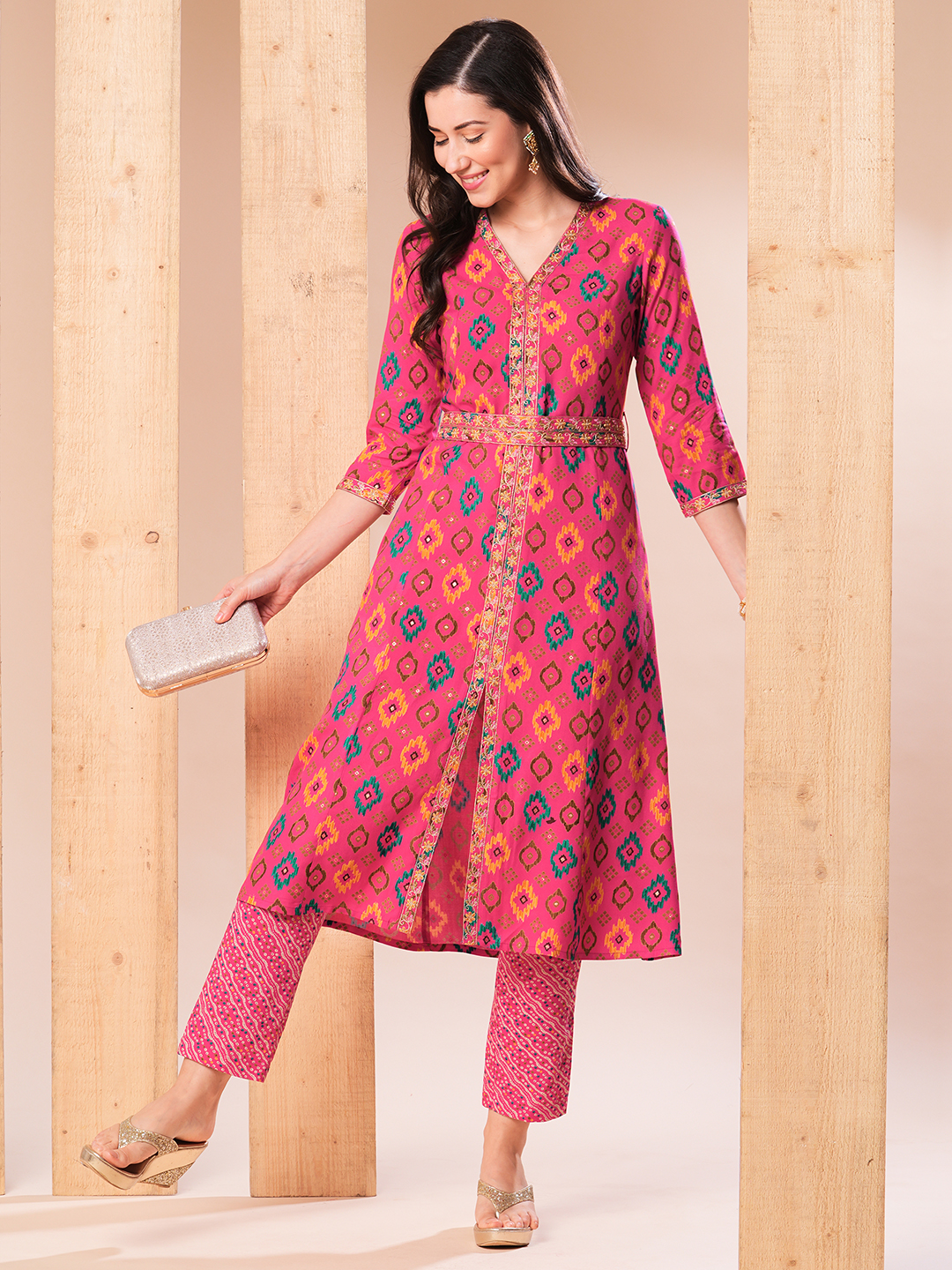 Globus Women Pink Embroidered Placket Allover Printed A-Line Kurta With Pants & Belt