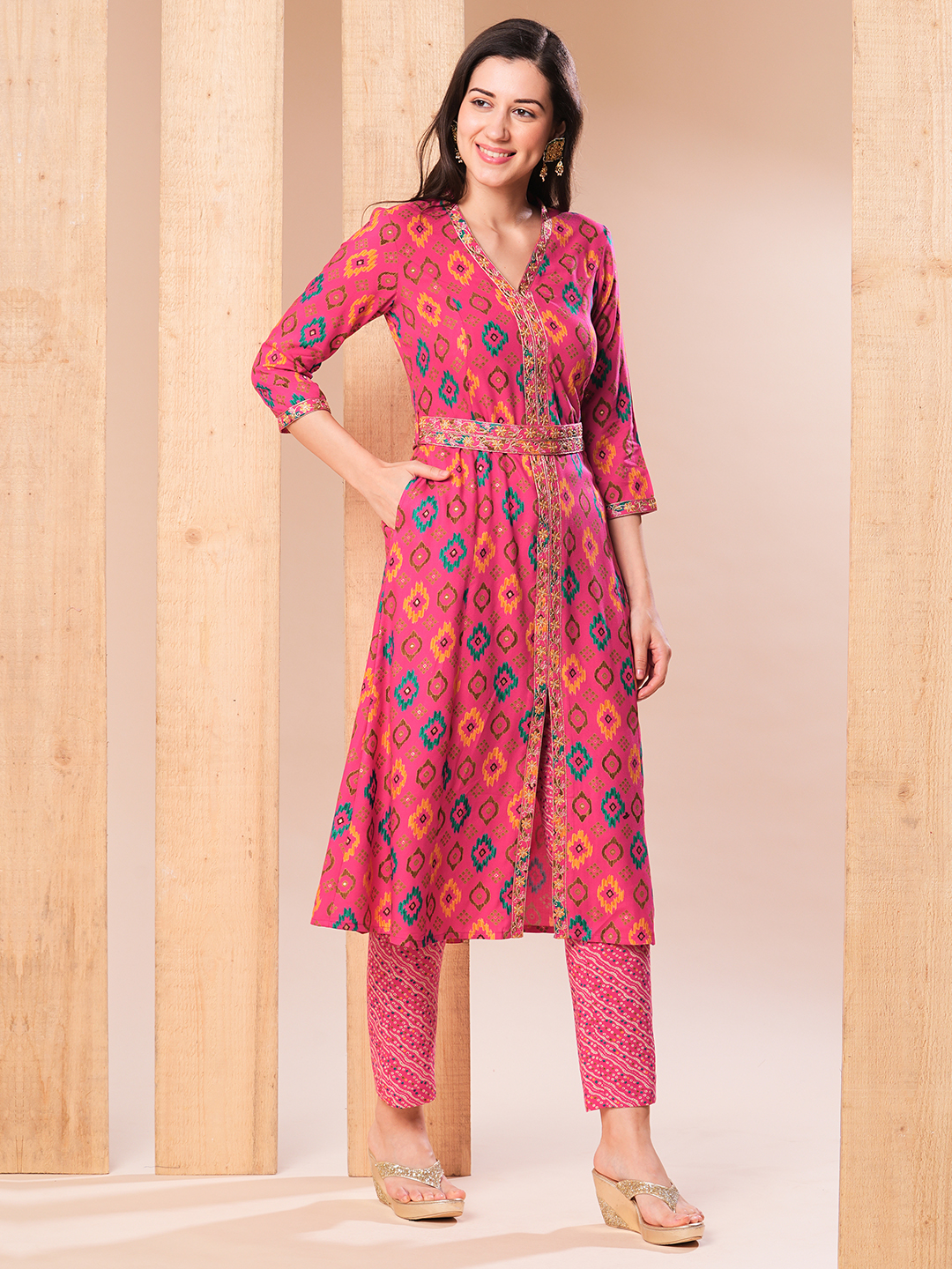 Globus Women Pink Embroidered Placket Allover Printed A-Line Kurta With Pants & Belt