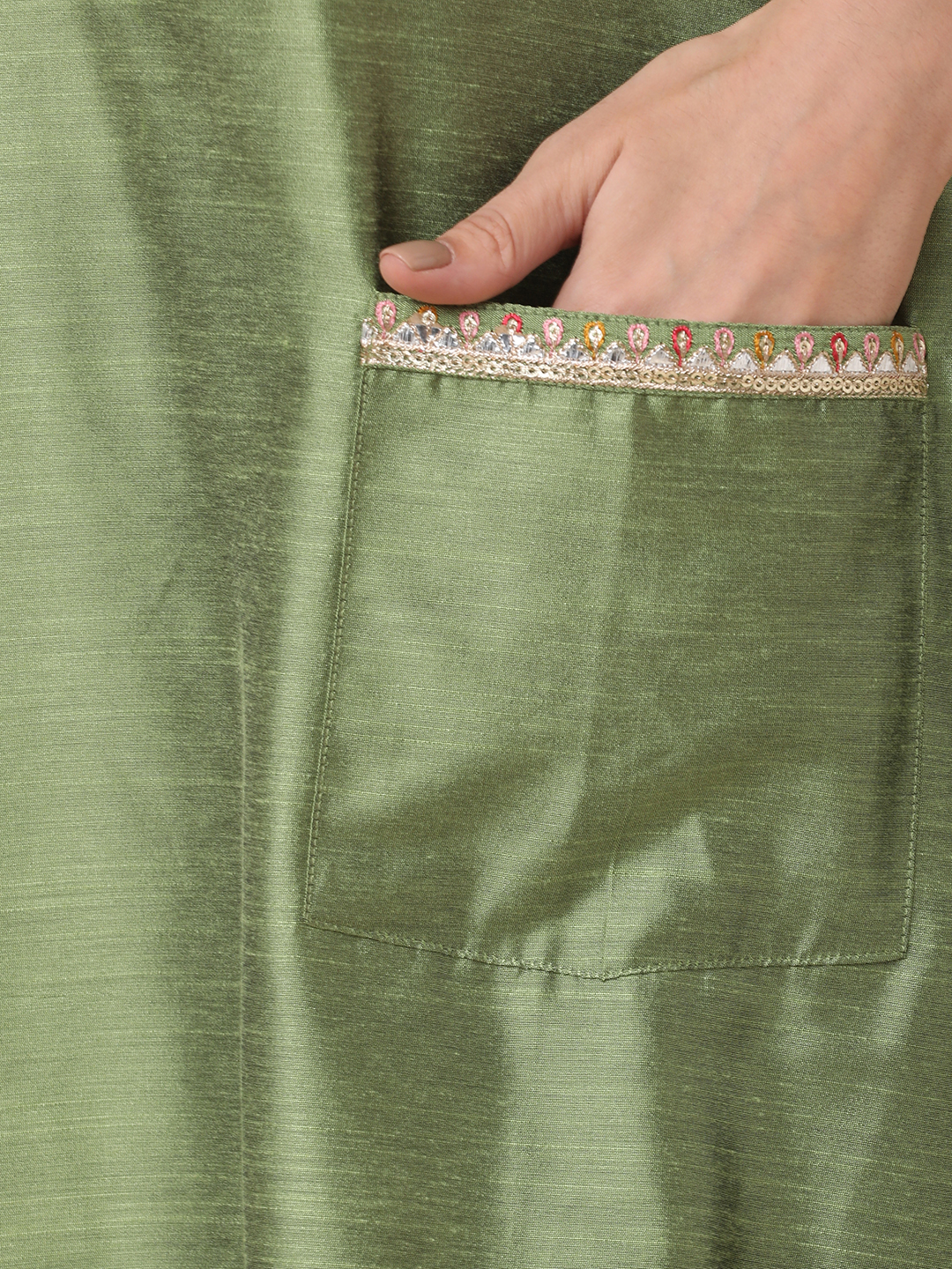 Globus Women Green Embroidered Yoke A-Line Kurta With Narrow Pants