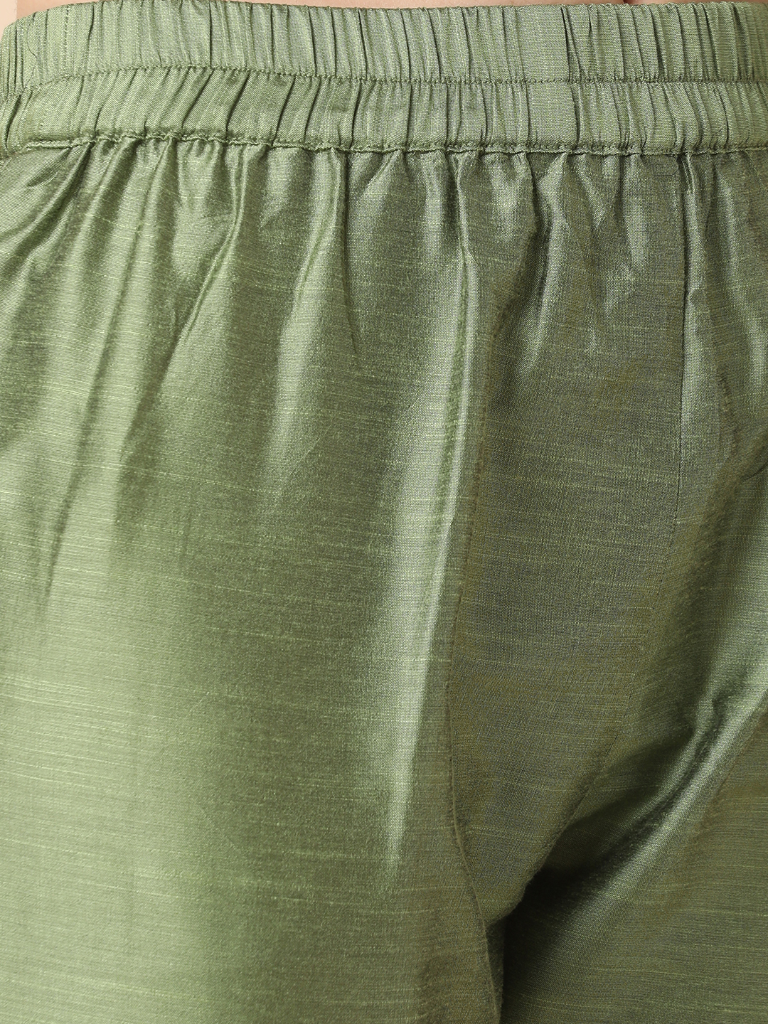 Globus Women Green Embroidered Yoke A-Line Kurta With Narrow Pants