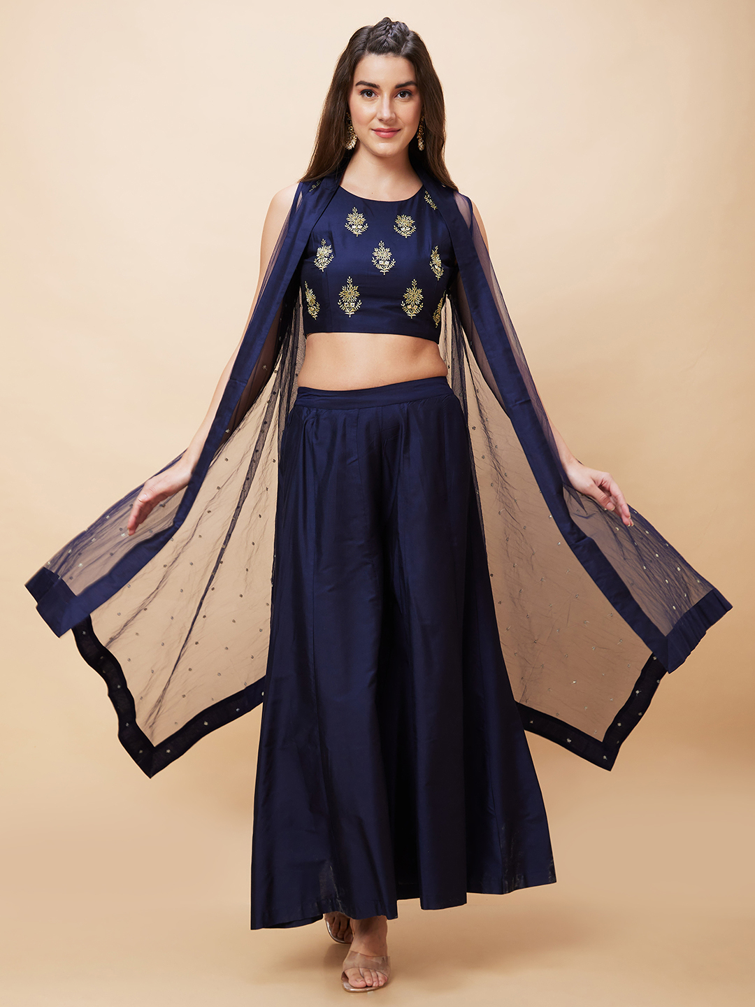 Globus Women Blue Festive Co-Ord Set with Embroidered Crop Top, Solid Palazzo and Sequinned Shrug