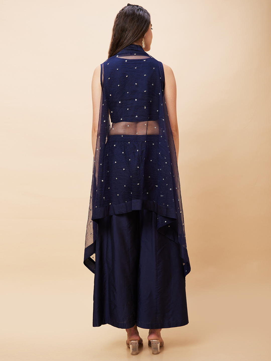 Globus Women Blue Festive Co-Ord Set with Embroidered Crop Top, Solid Palazzo and Sequinned Shrug