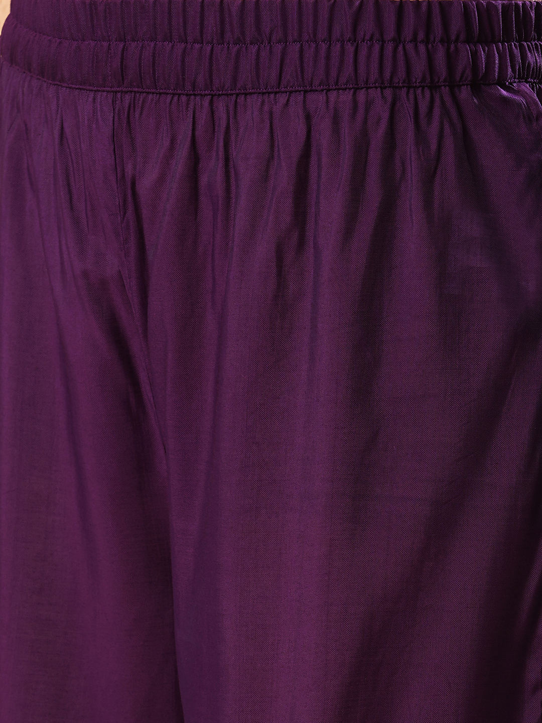 Globus Women Purple Embroidered Neckline Straight Kurti With Sharara Pants & Fringed Dupatta