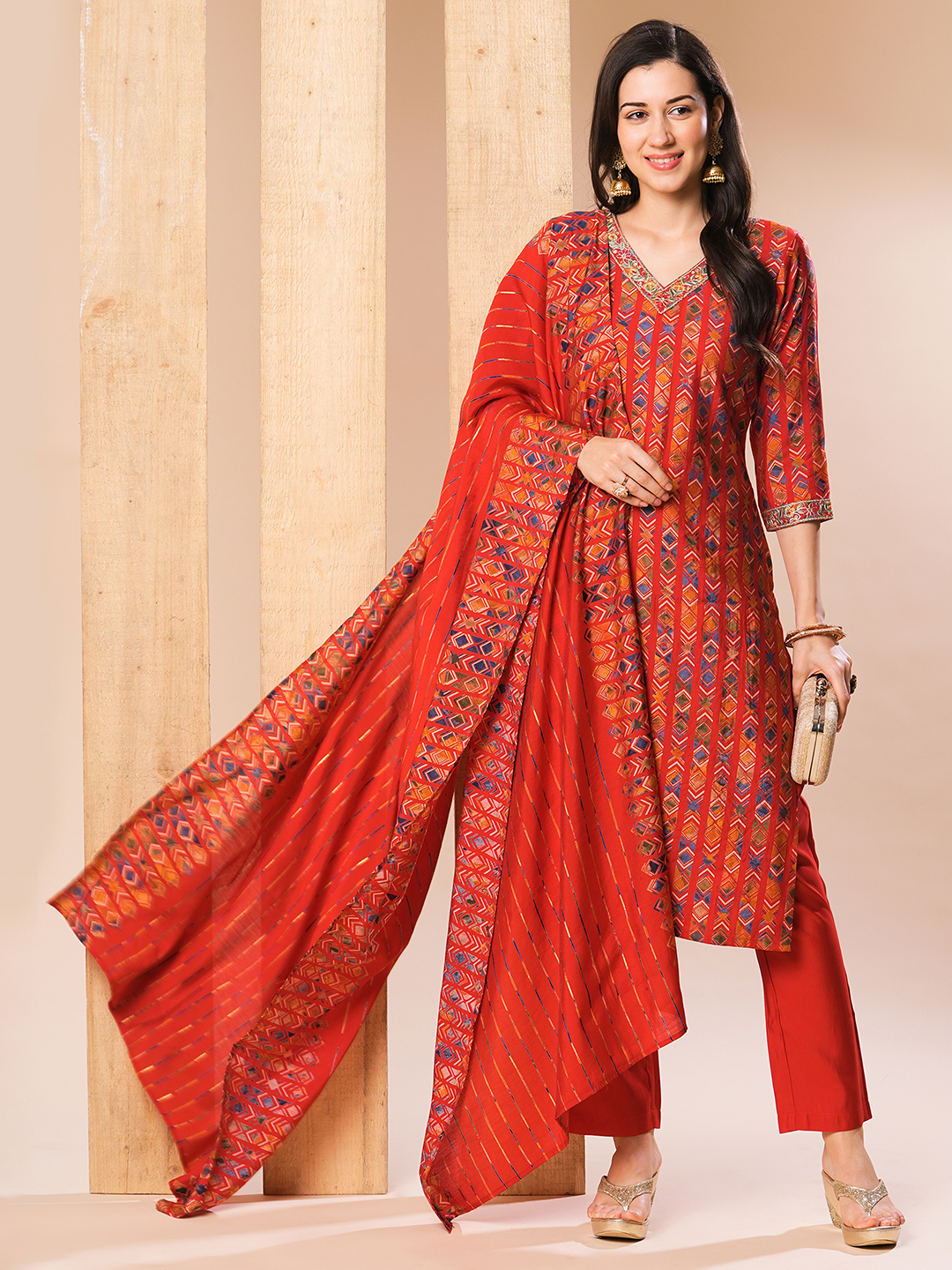 Globus Women Red Embroidered Neckline Allover Printed Straight Kurta With Pants & Dupatta