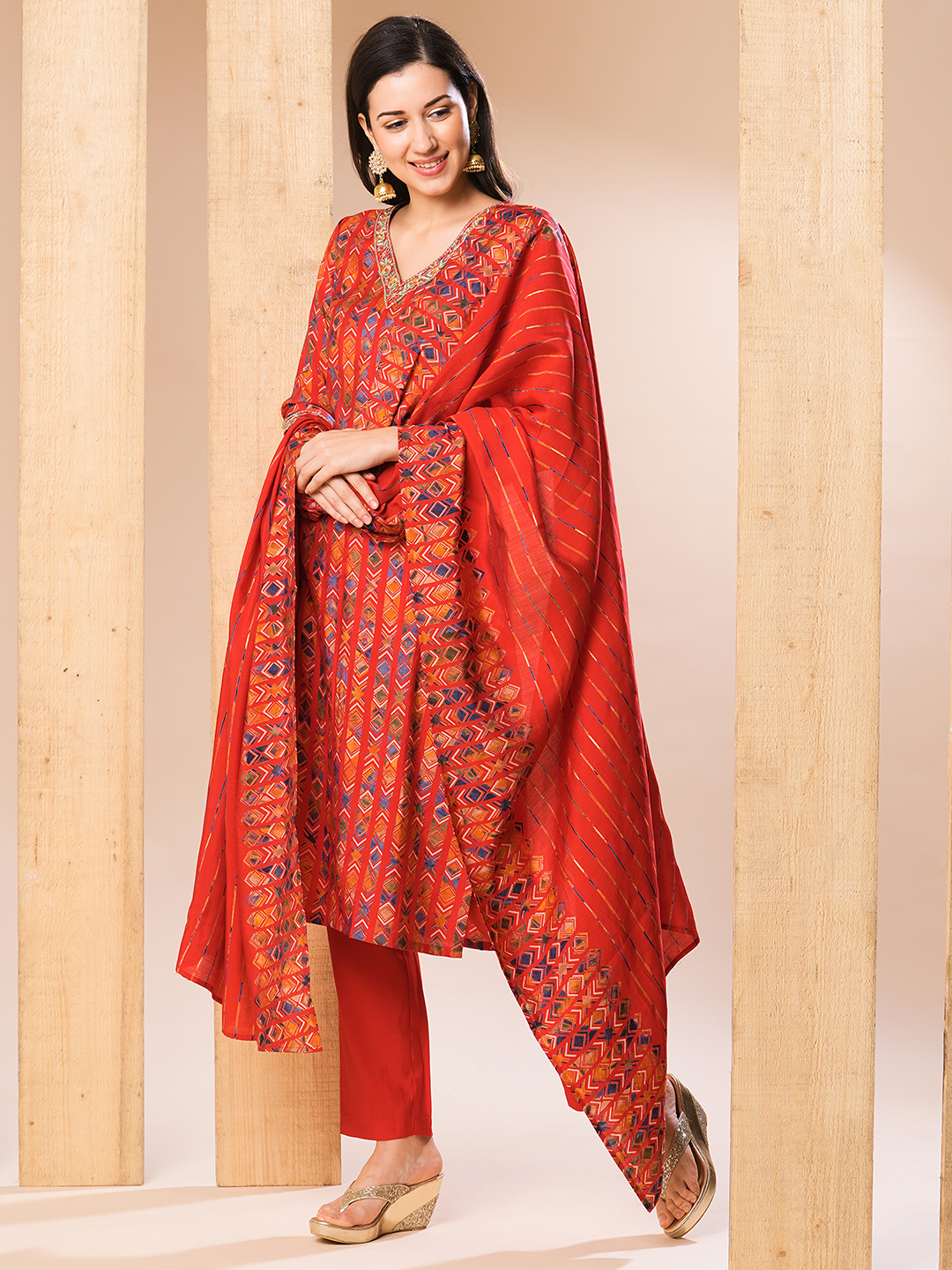 Globus Women Red Embroidered Neckline Allover Printed Straight Kurta With Pants & Dupatta