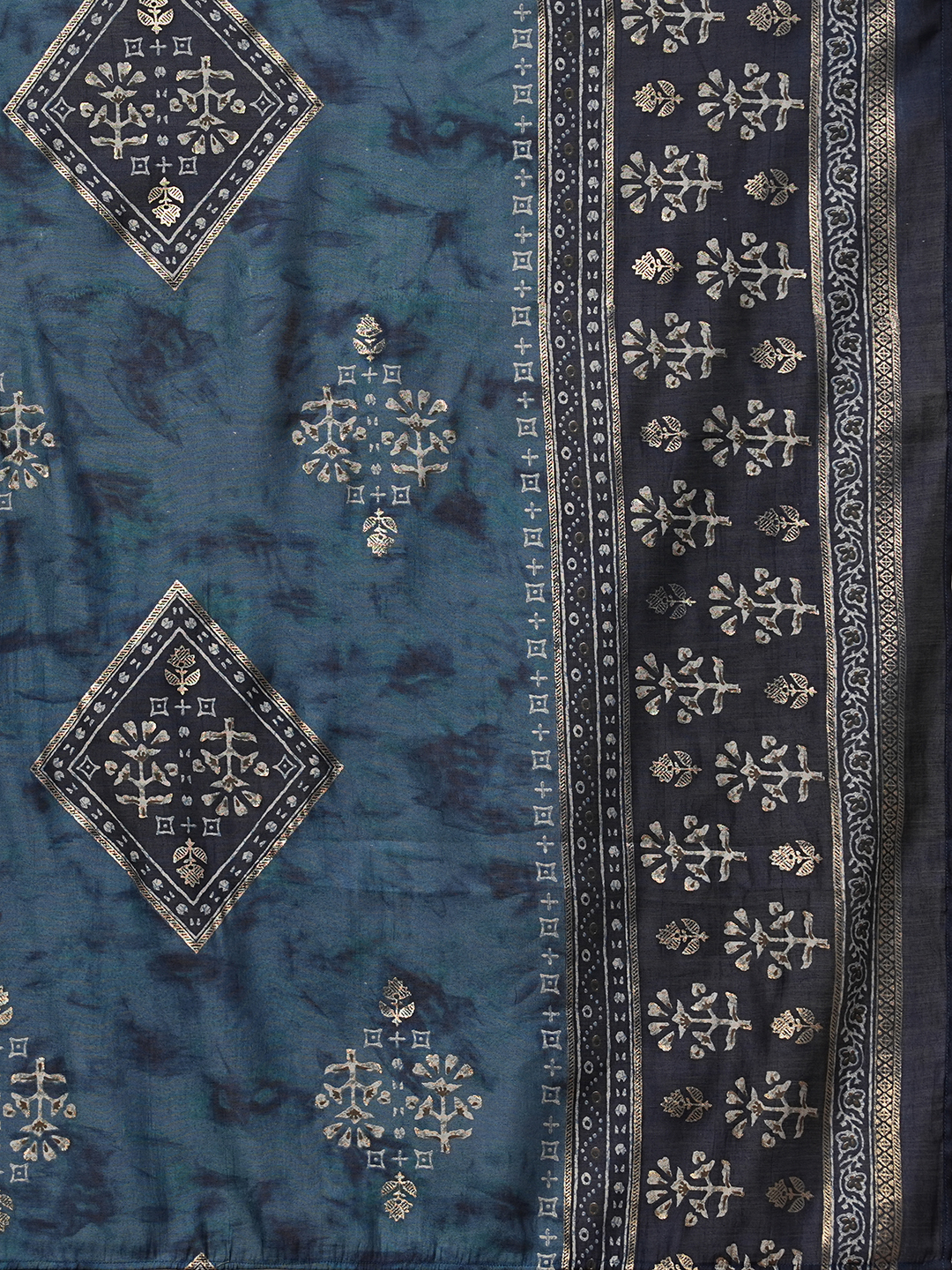 Globus Women Blue Embroidered V-Neck Allover Printed Kurta With Pants & Dupatta
