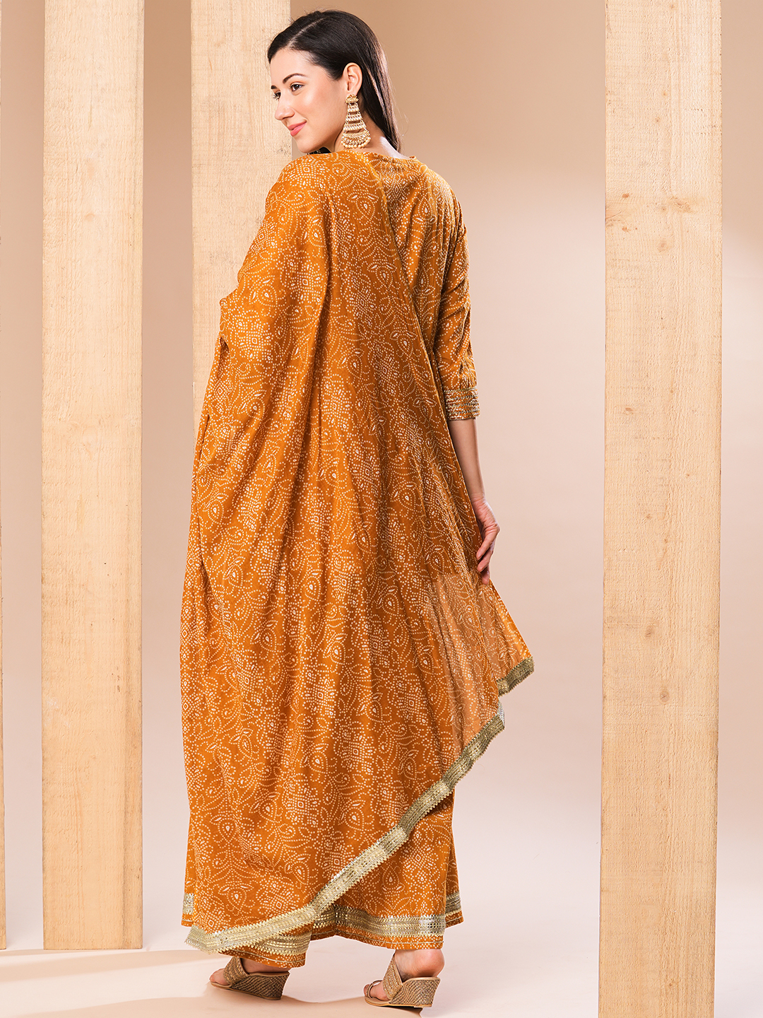 Globus Women Mustard Embroidered Yoke Allover Printed A-Line Kurti With Sharara Pants & Dupatta