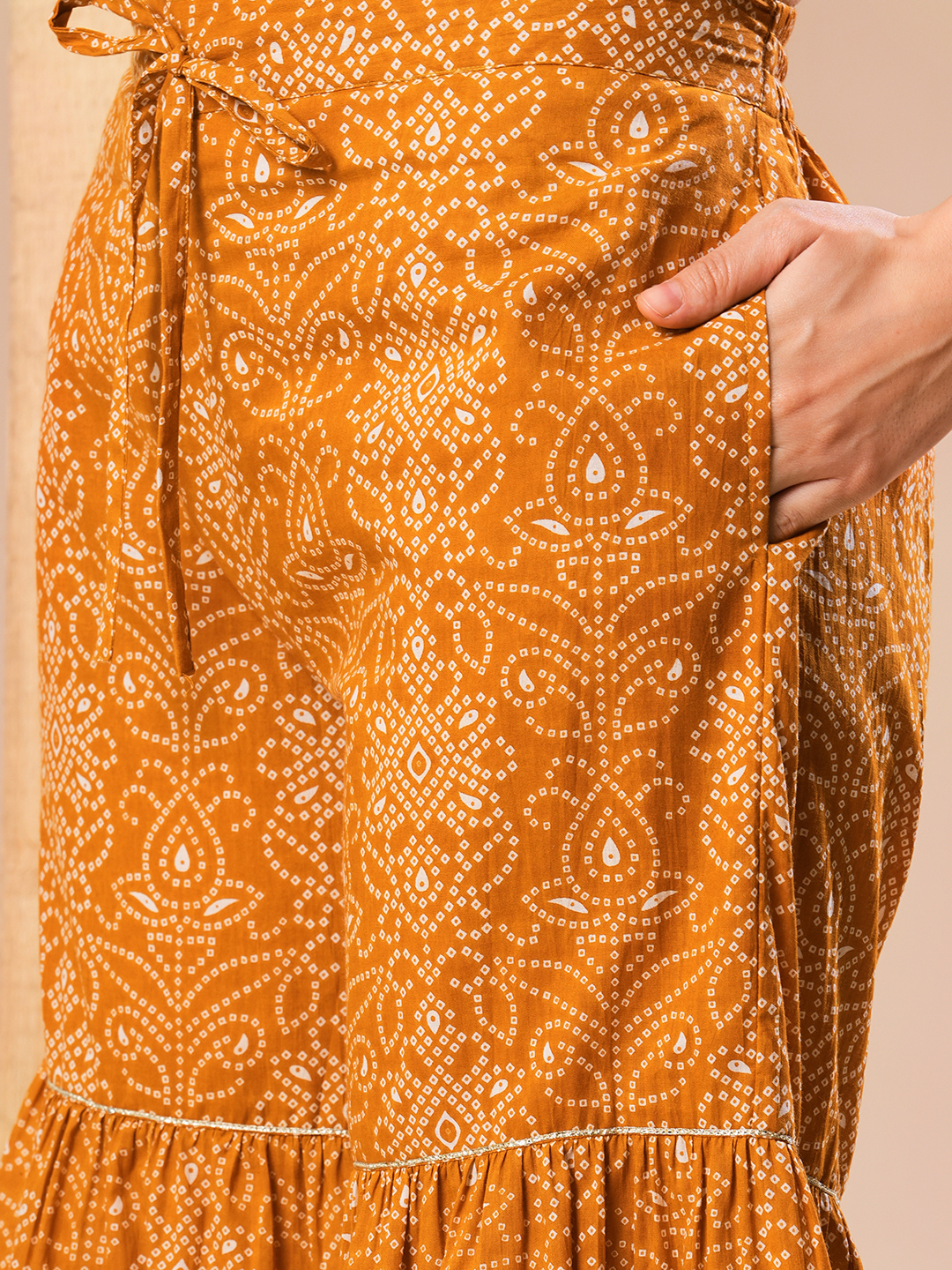 Globus Women Mustard Embroidered Yoke Allover Printed A-Line Kurti With Sharara Pants & Dupatta