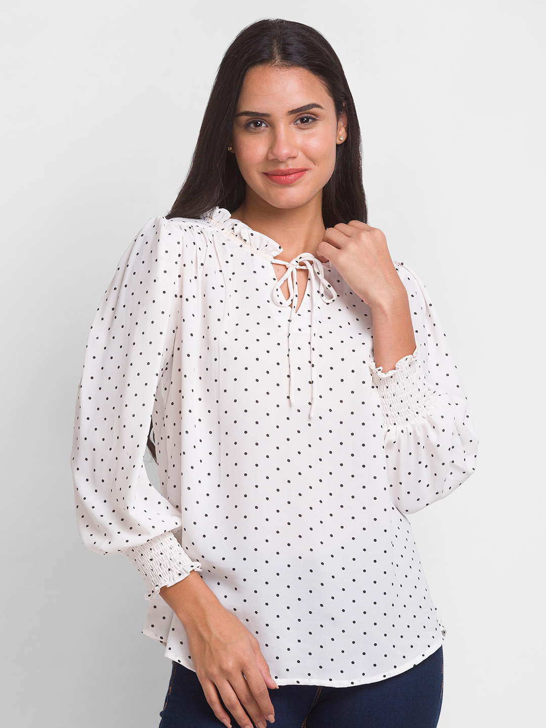 Globus Women White Polka Dots Tie-Up Neck Crepe Shirt Style Top