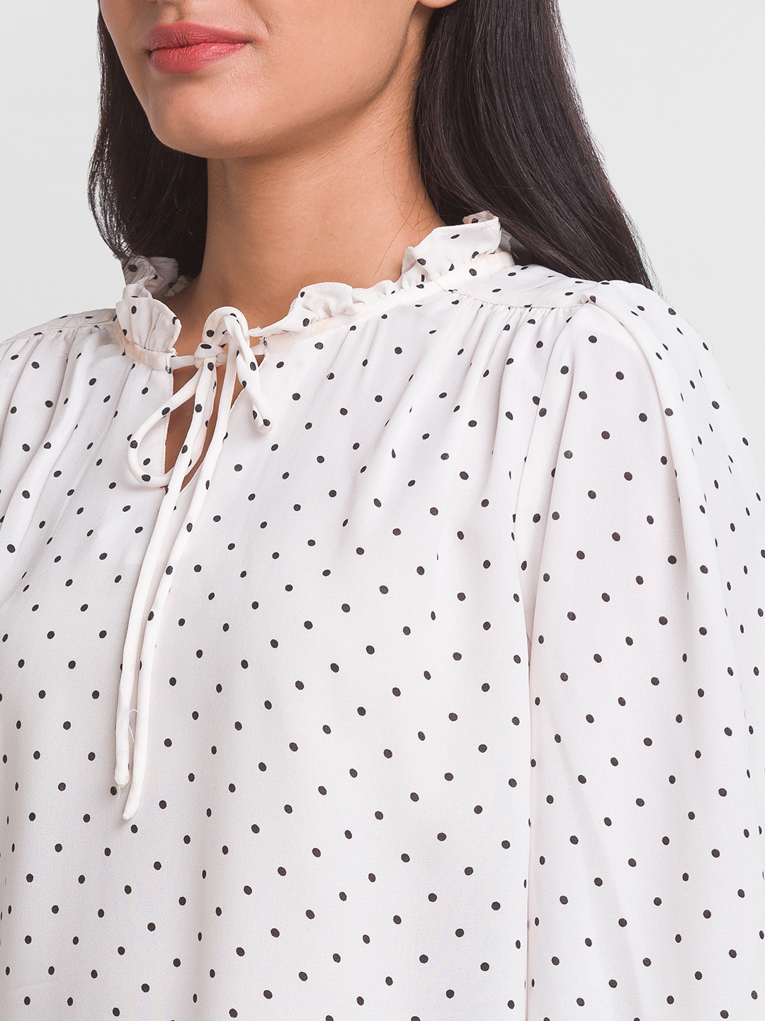 Globus Women White Polka Dots Tie-Up Neck Crepe Shirt Style Top
