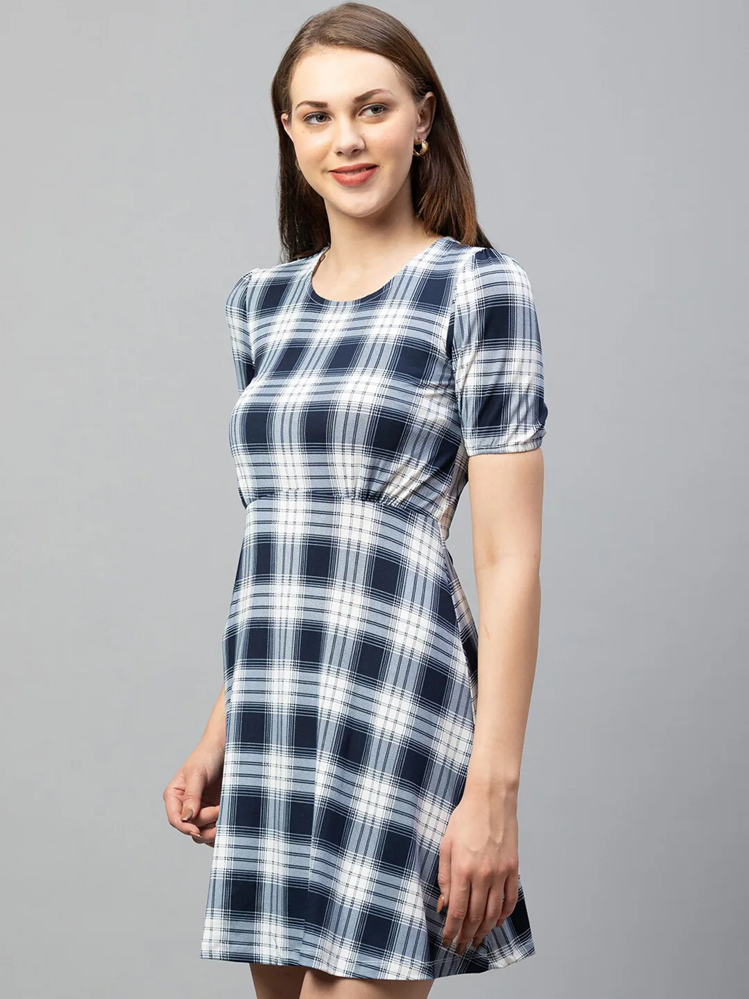 Globus Navy Checked Fit and Flare Dress