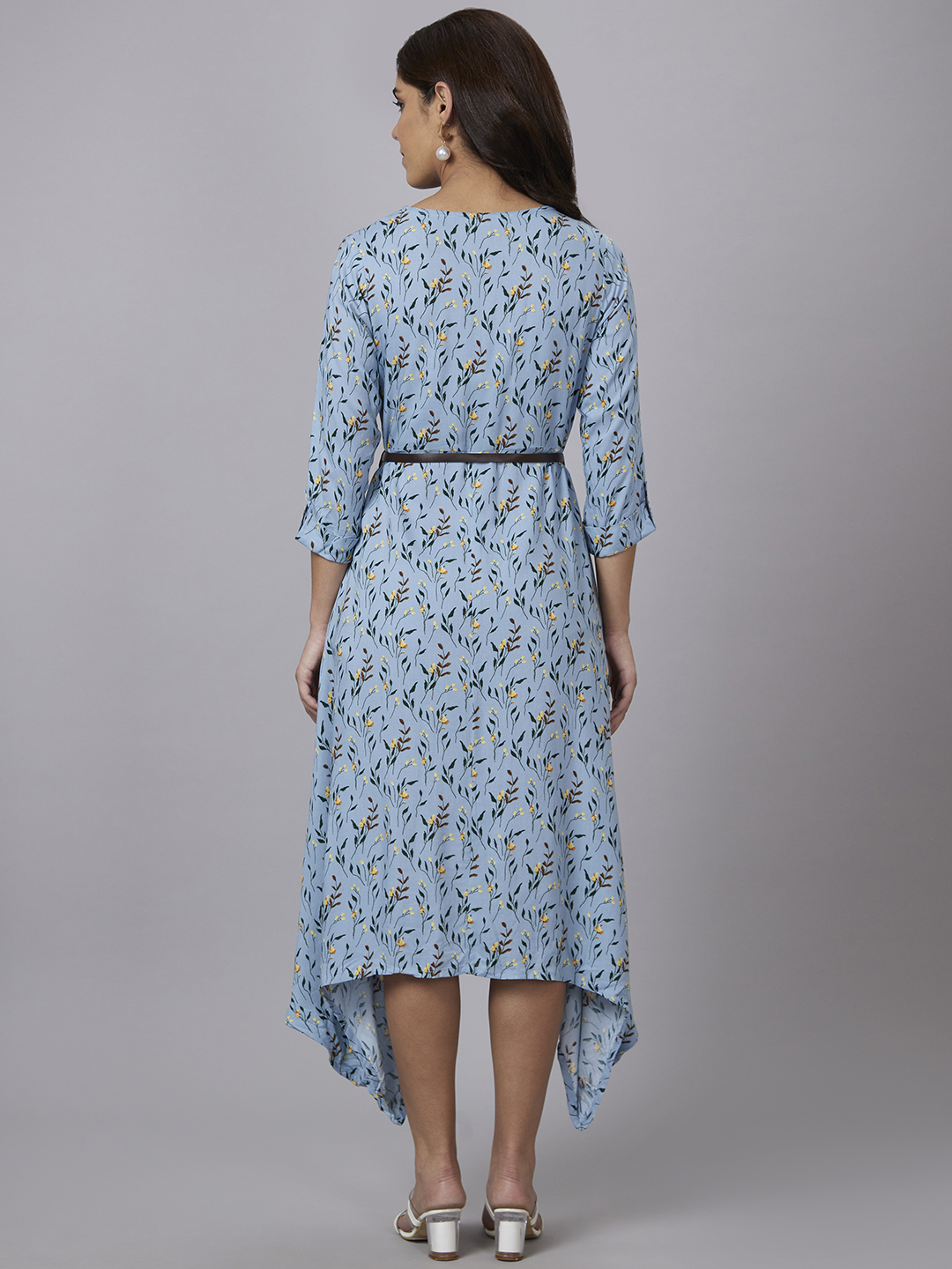 Globus Women Blue Printed Round Neck A-Line Belted Midi Dress