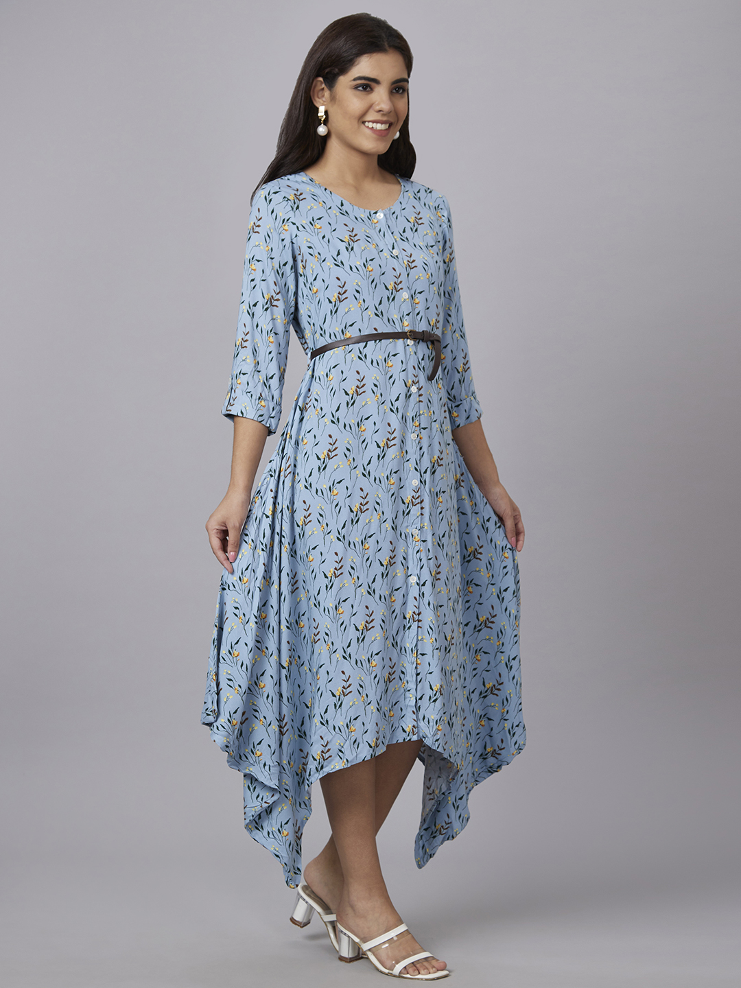 Globus Women Blue Printed Round Neck A-Line Belted Midi Dress