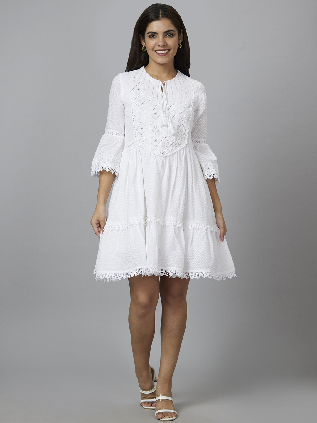 Globus Women Ivory Embroidered A-Line Dress