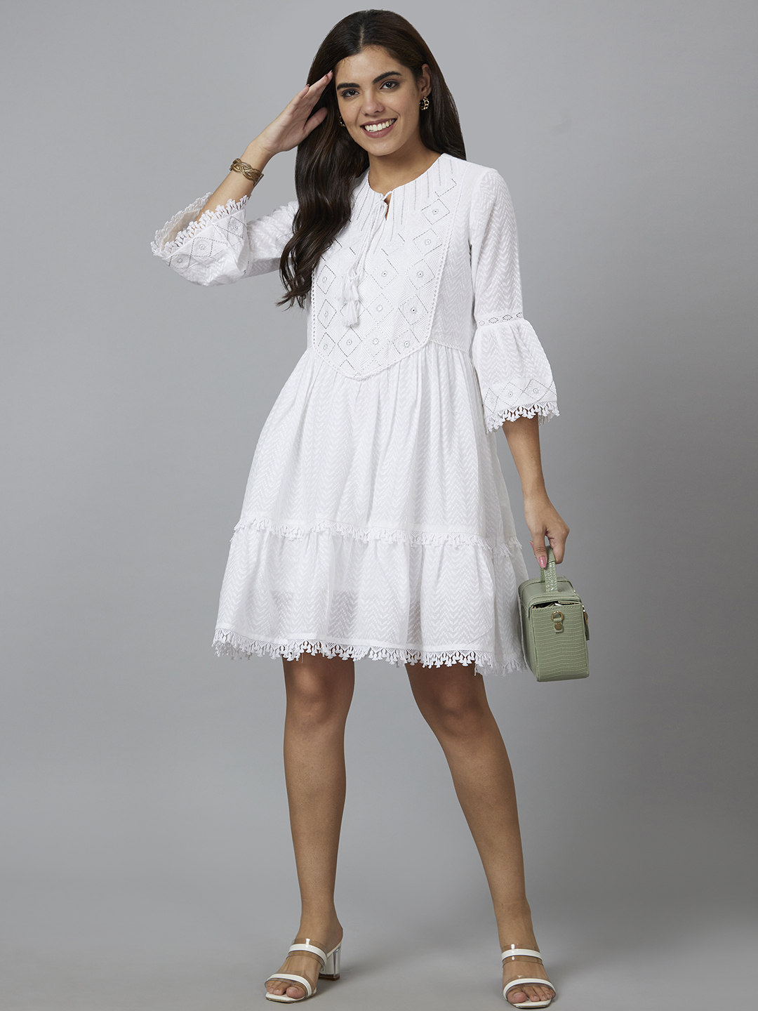 Globus Women Ivory Embroidered A-Line Dress