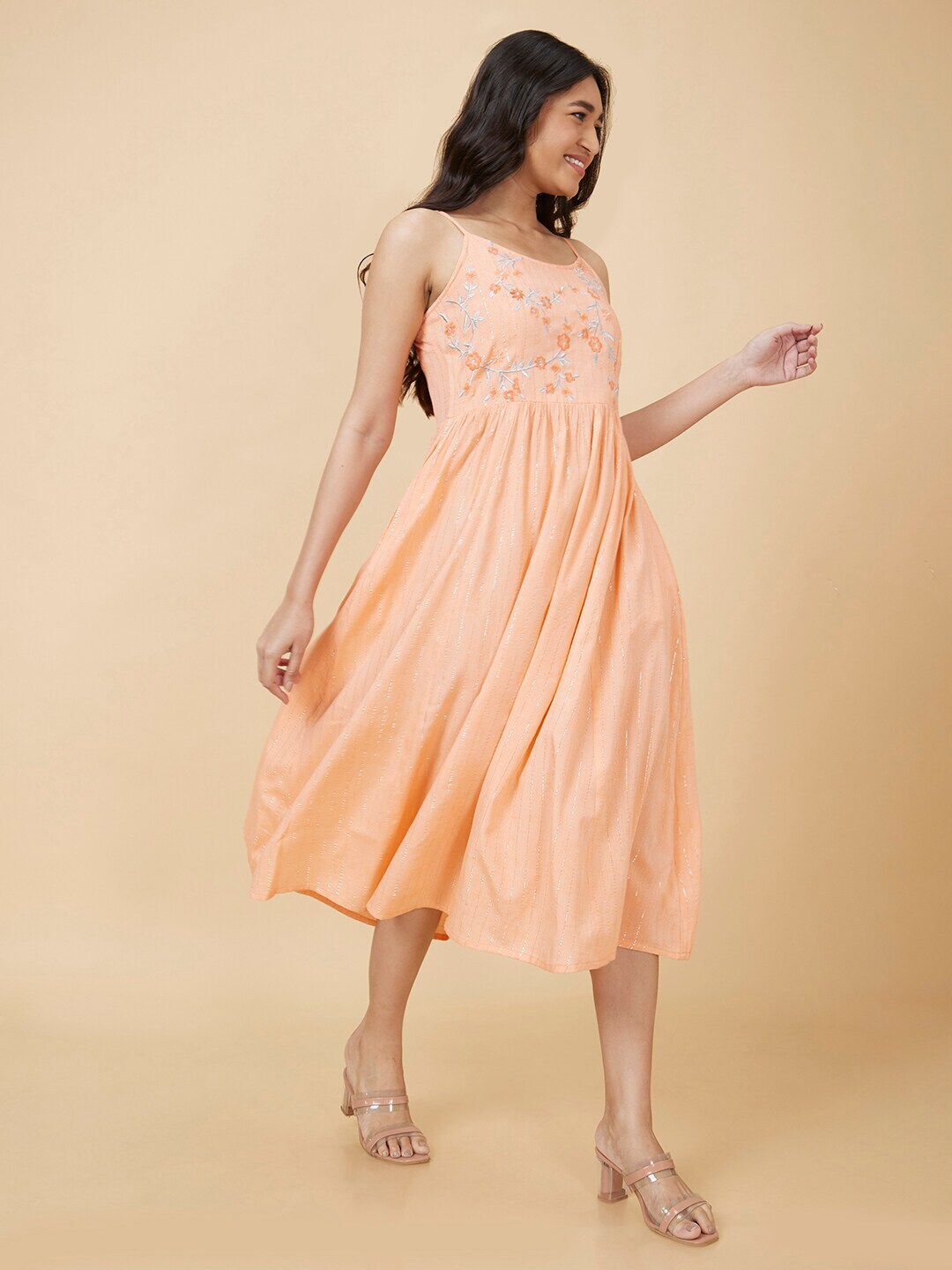Globus Women Orange Embroidered A-Line Dress