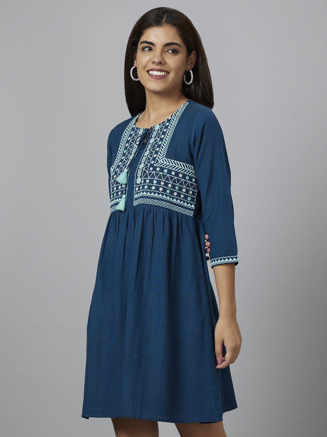 Globus Women Teal Embroidered A-Line Dress
