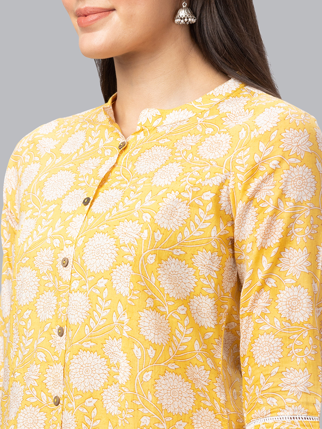 Globus Women Yellow Mandarin Collar Printed Kurta Set with Trouser
