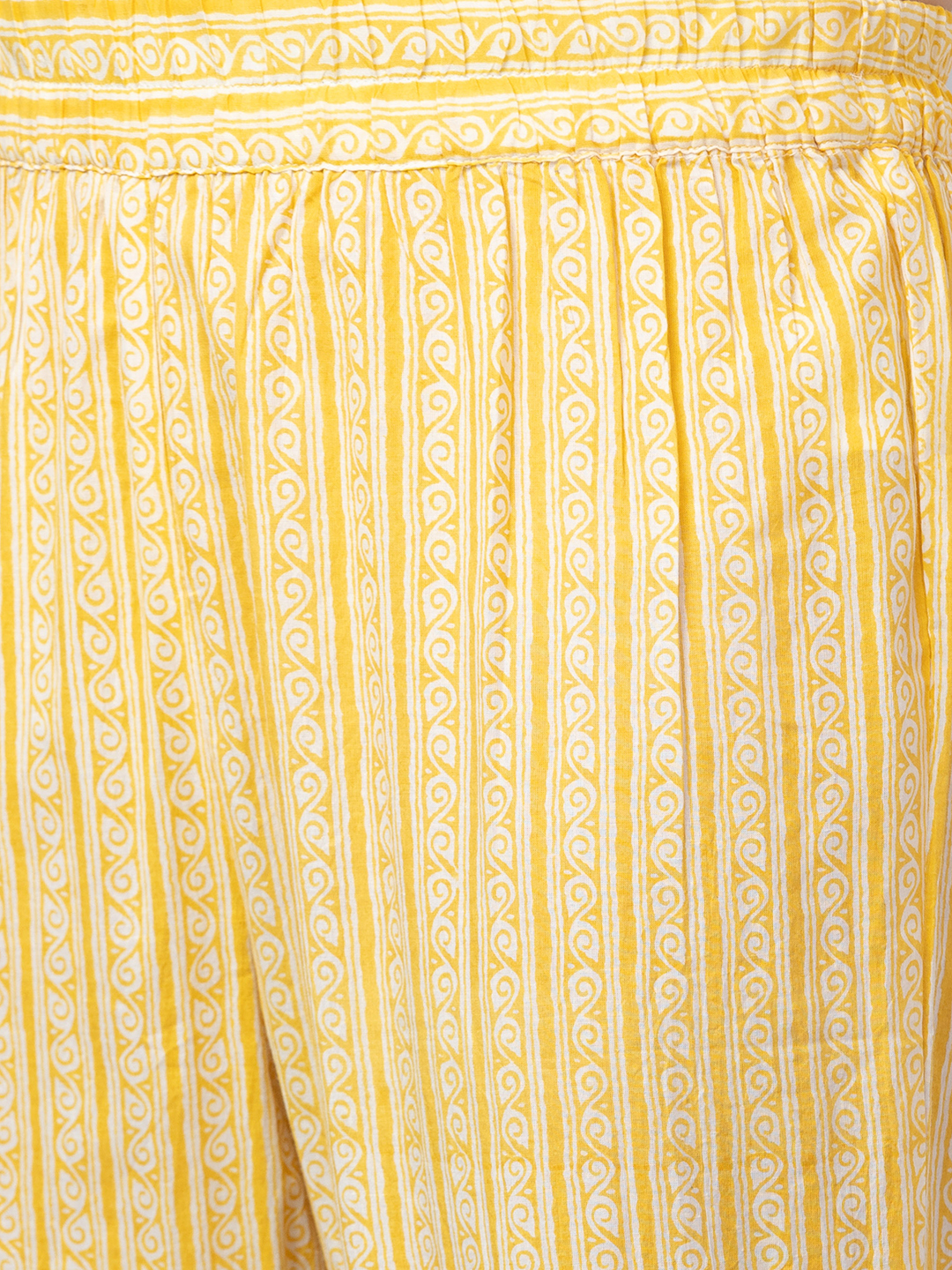 Globus Women Yellow Mandarin Collar Printed Kurta Set with Trouser