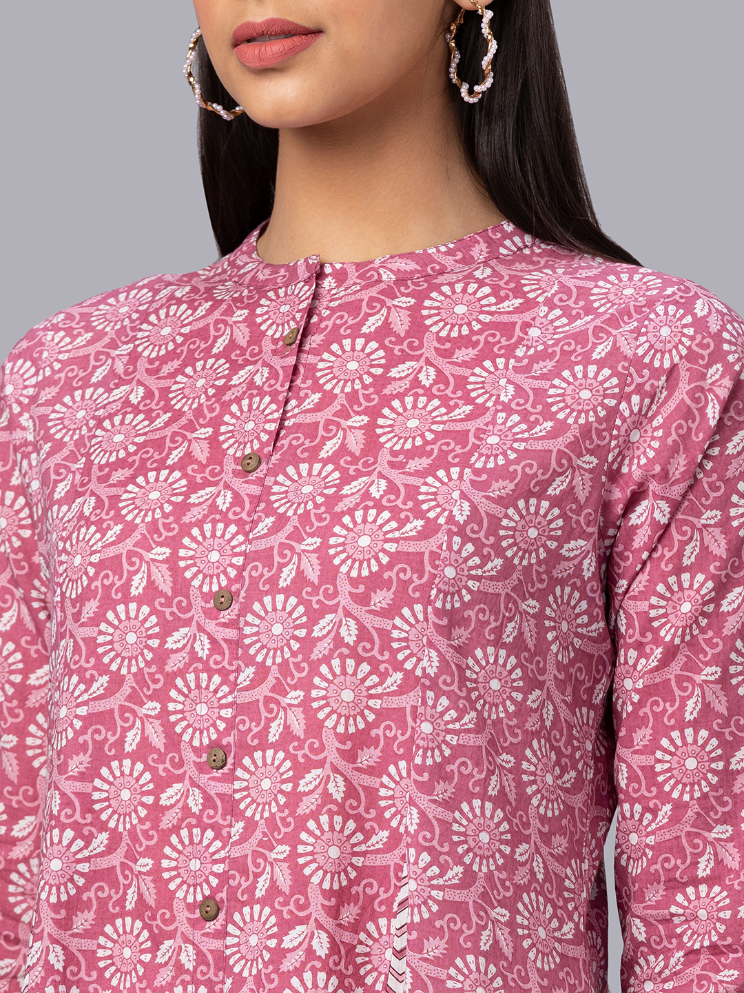 Globus Women Pink Printed Mandarin Collar 3/4 Sleeves Panelled A-Line Kurta