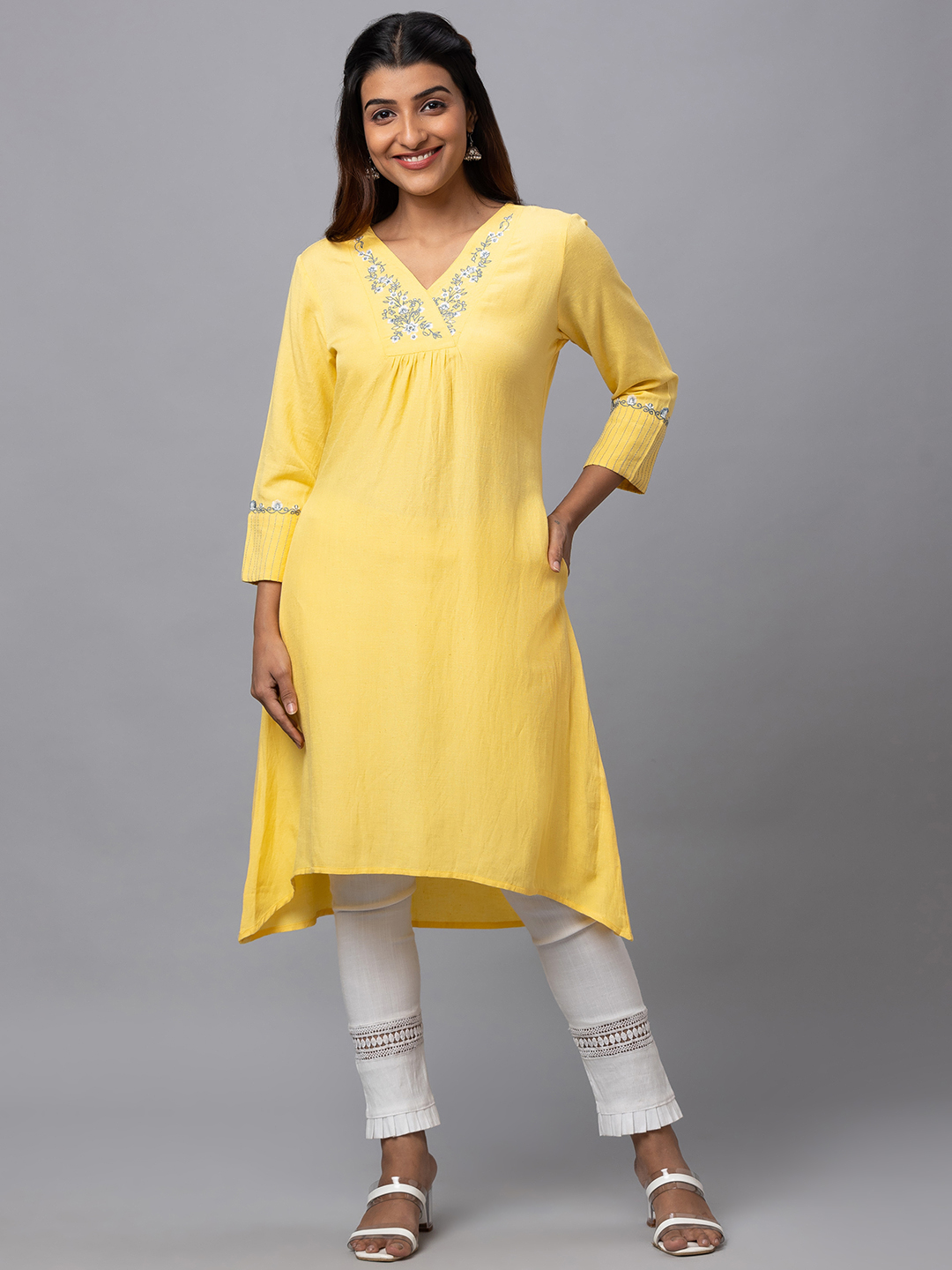 Globus Women Yellow Solid V Neck 3/4 Sleeve A-Line Kurta With Neck Embroidery Detail