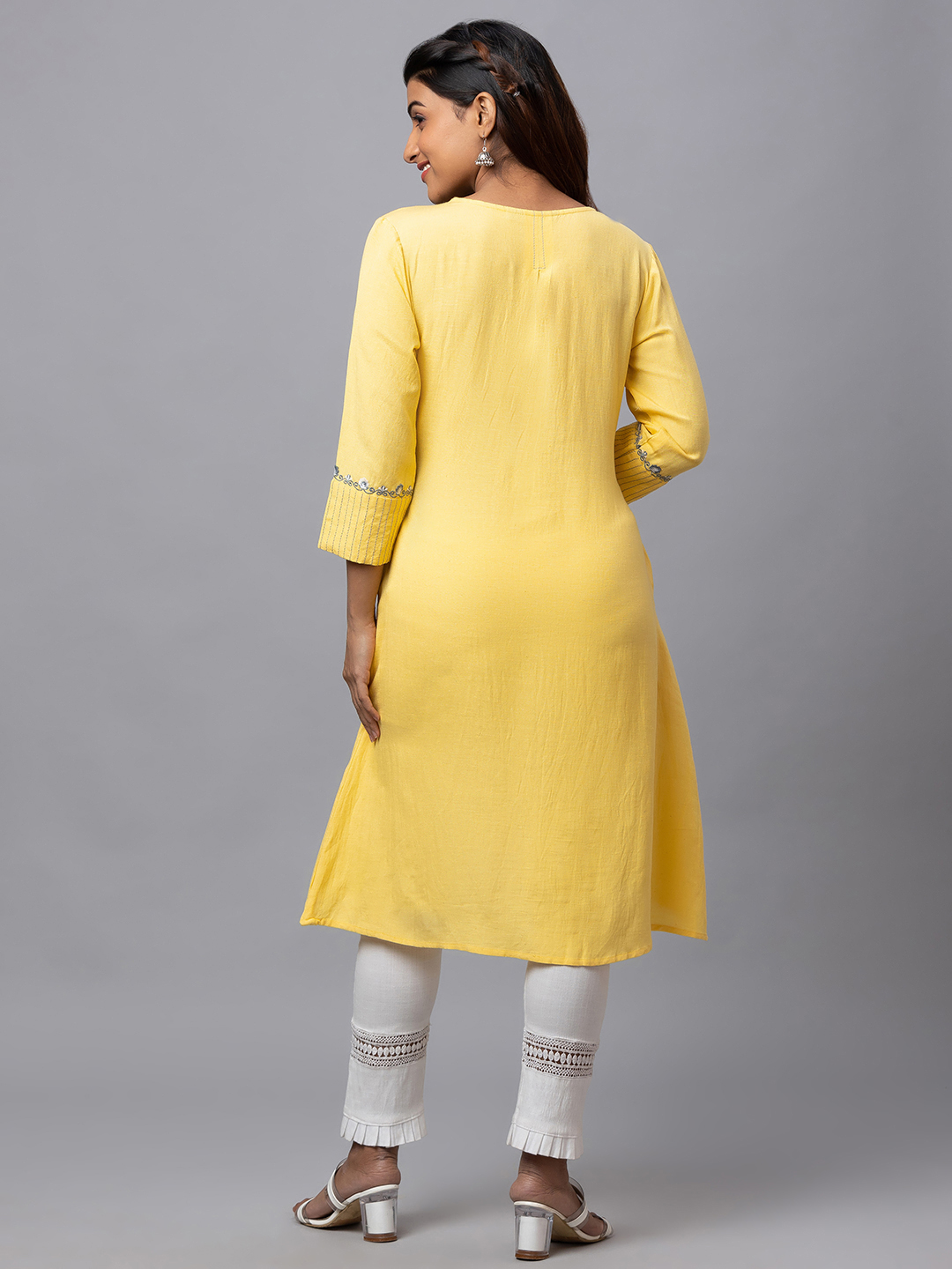 Globus Women Yellow Solid V Neck 3/4 Sleeve A-Line Kurta With Neck Embroidery Detail
