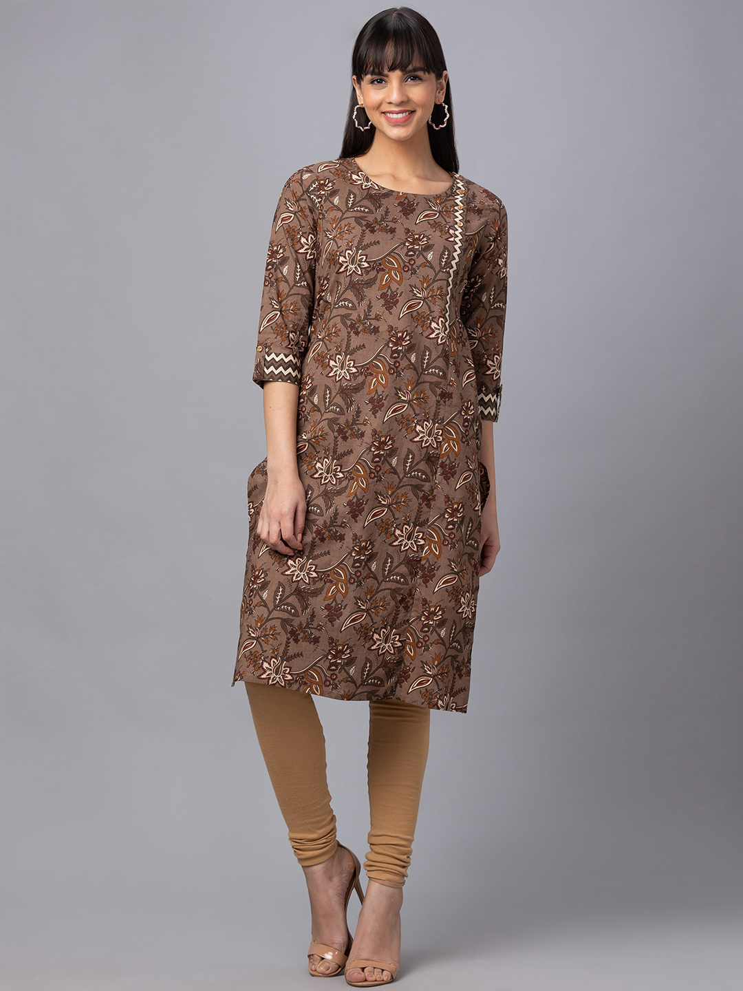 Women Mehendi Green And Pink Gold Printed Three-Quarter Sleeves Straight Kurta With Palazzo With Pockets And Face Mask