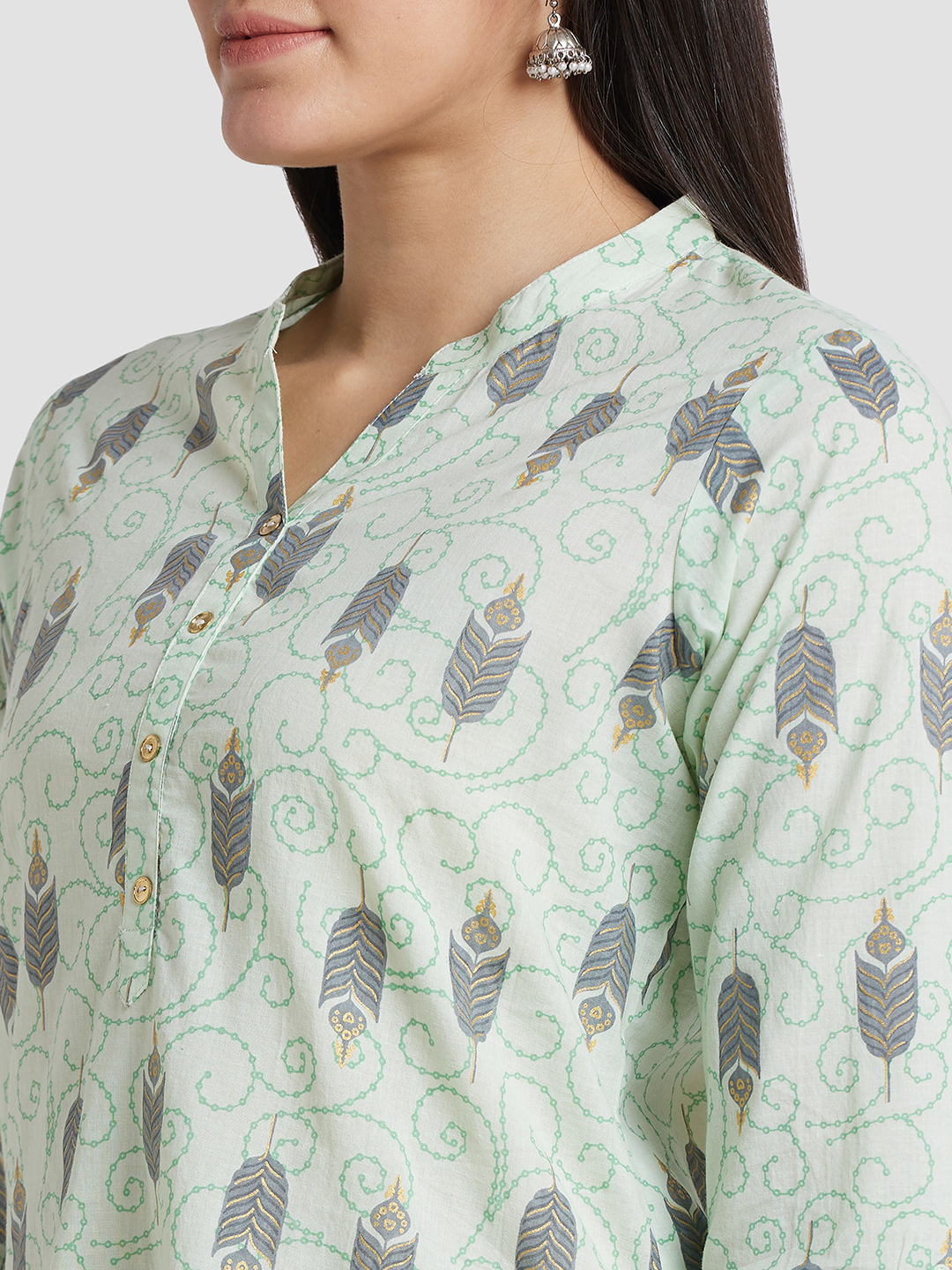 Globus Women Mint Green Printed Mandarin Collar Straight Kurta