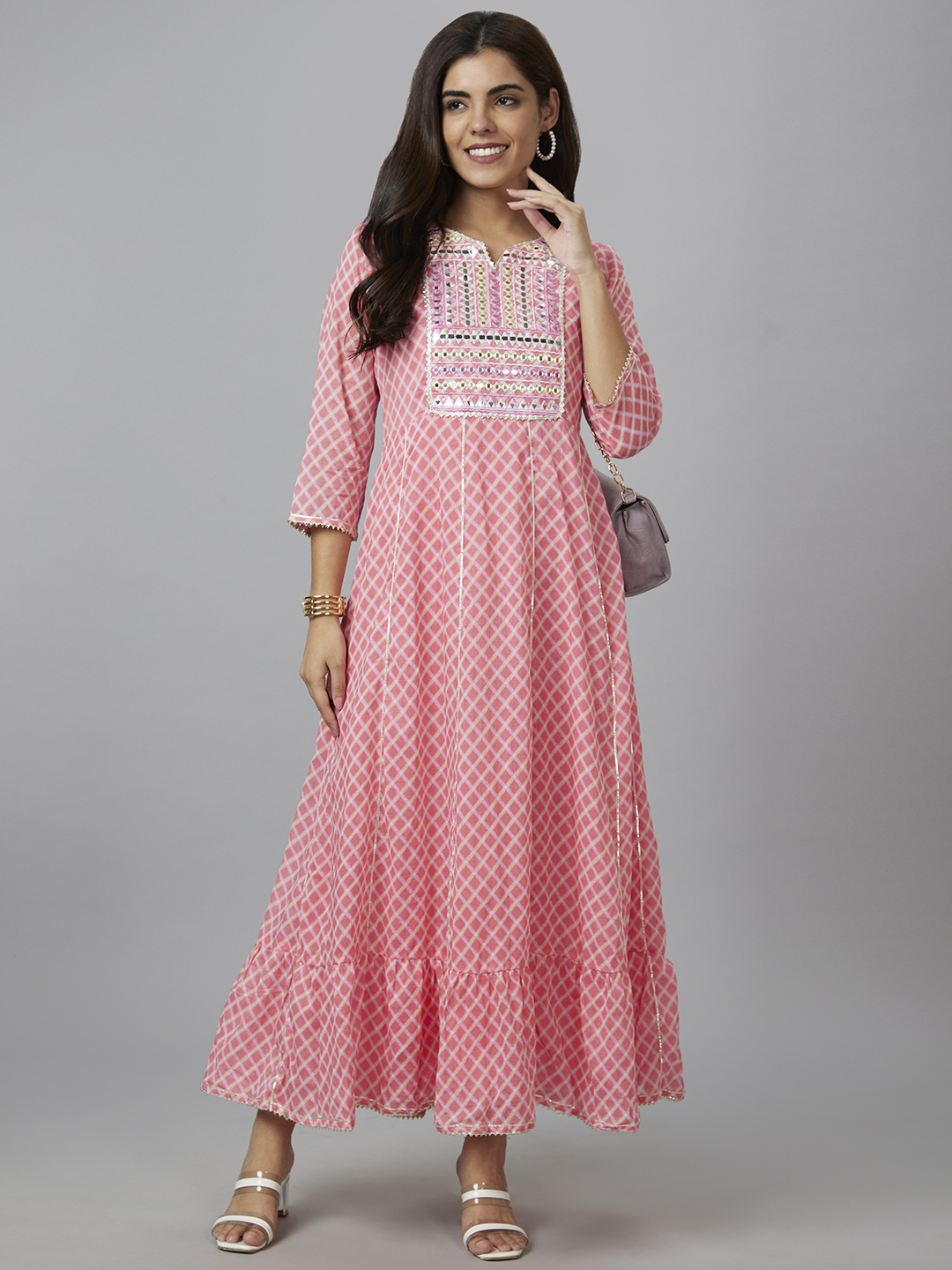 Globus Women Pink Checked Round Neck Fit and Flare Maxi Dress