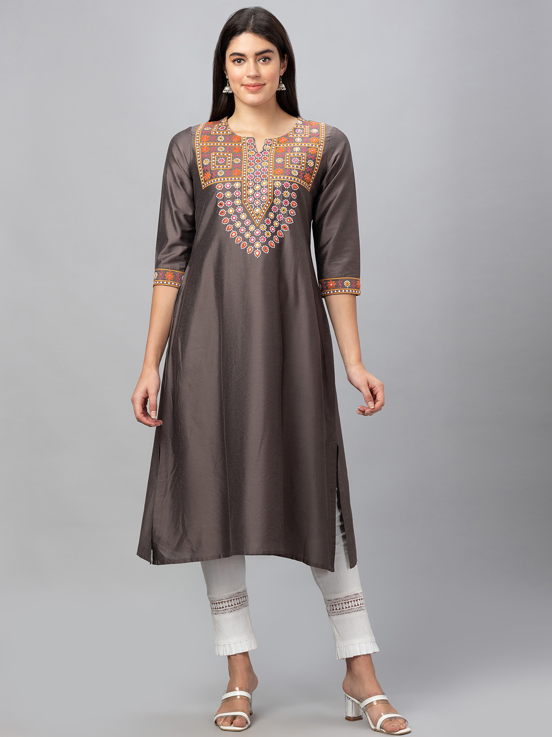 Globus Women Taupe Embroidered Round Neck With 3/4 Sleeves A Line Kurta