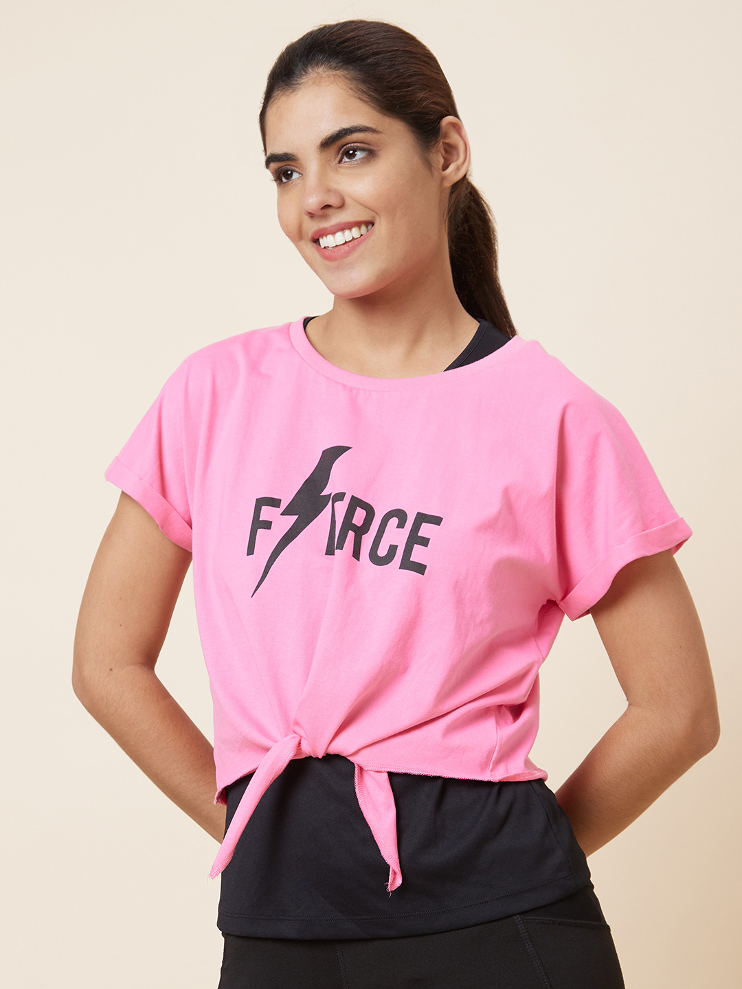Globus Women Pink Regular Fit Printed Cotton Sports Layered T-Shirt