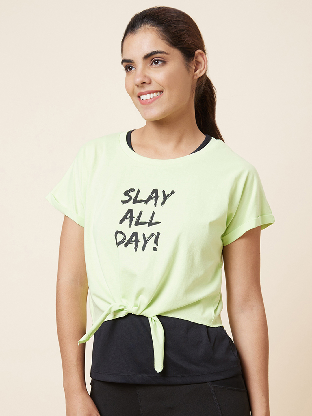 Globus Women Lime Green Regular Fit Printed Cotton Sports Layered T-Shirt