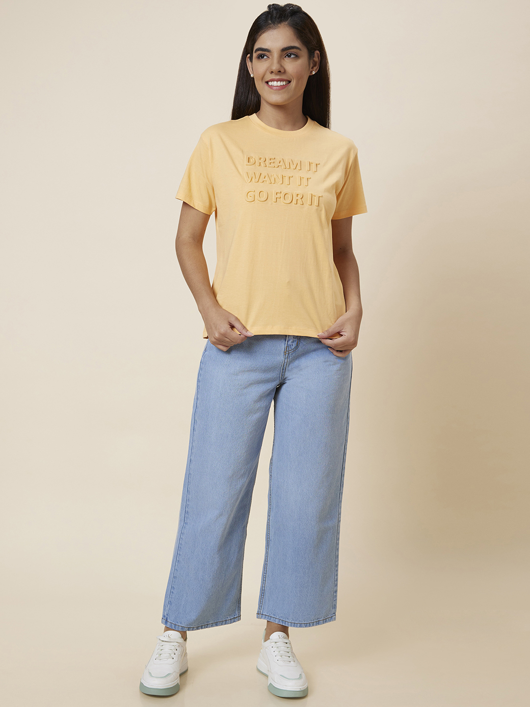 Globus Women Peach Boxy Fit Self Design Cotton T-Shirt