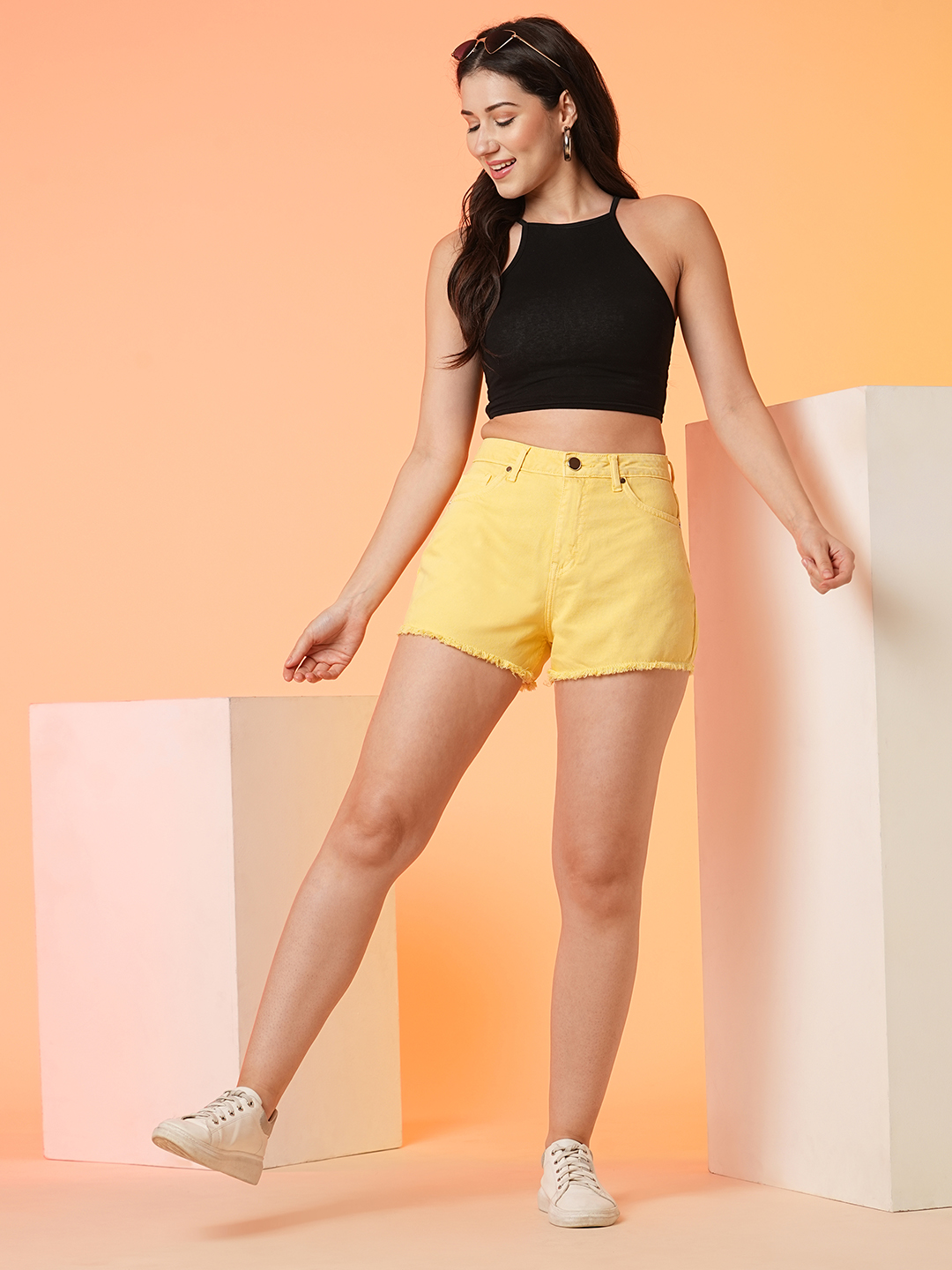 Globus Women Yellow Solid Mid-Rise Regular Fit Denim Short