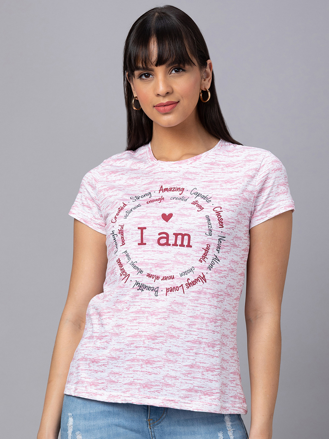 Globus Women Pink Printed Round Neck Casual Regular Fit Tshirt
